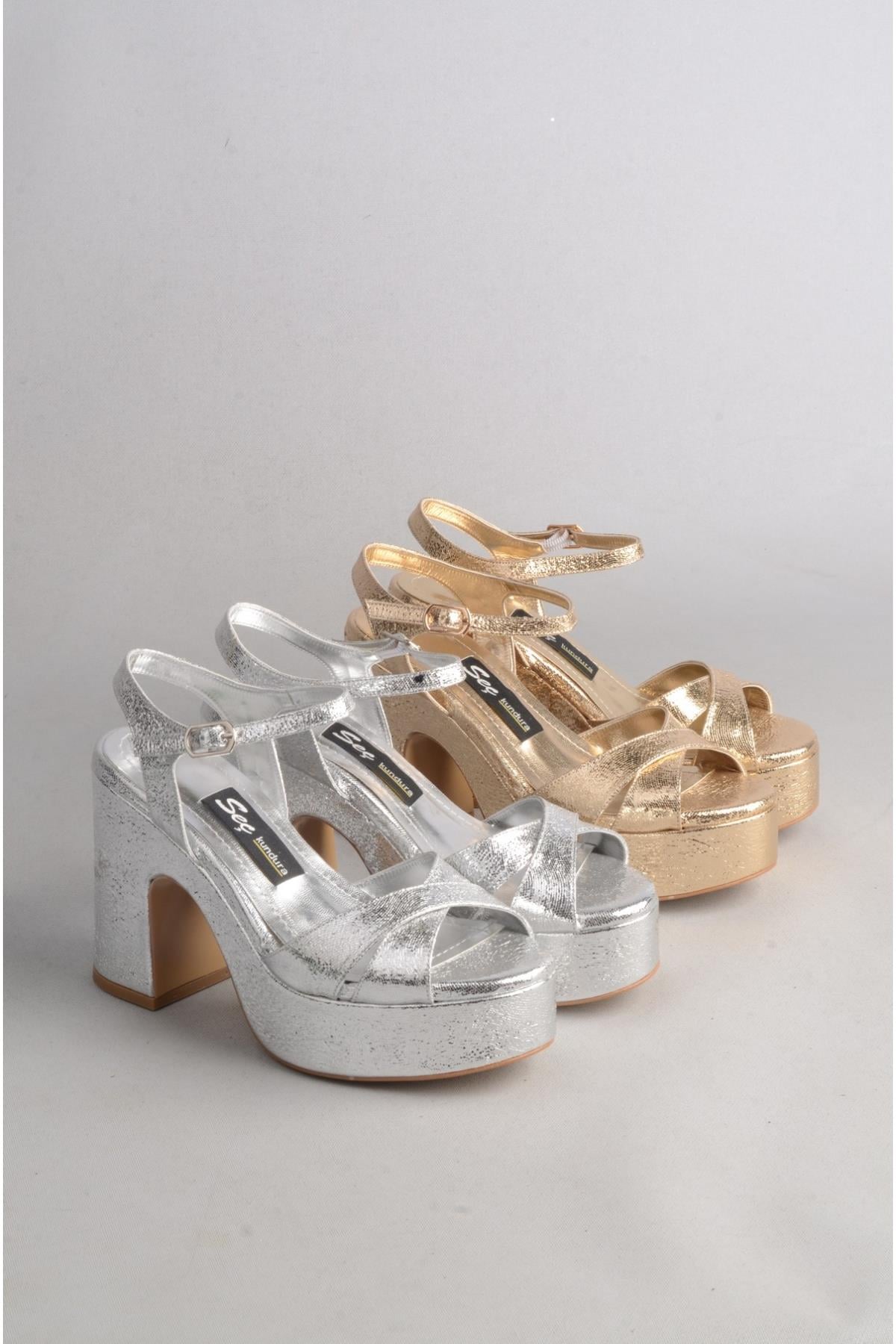 SEÇ 363 PLATFORM TOPUKLU KADIN AYAKKABI (Topuk:11 cm; Platform:3 cm) GÜMÜŞ