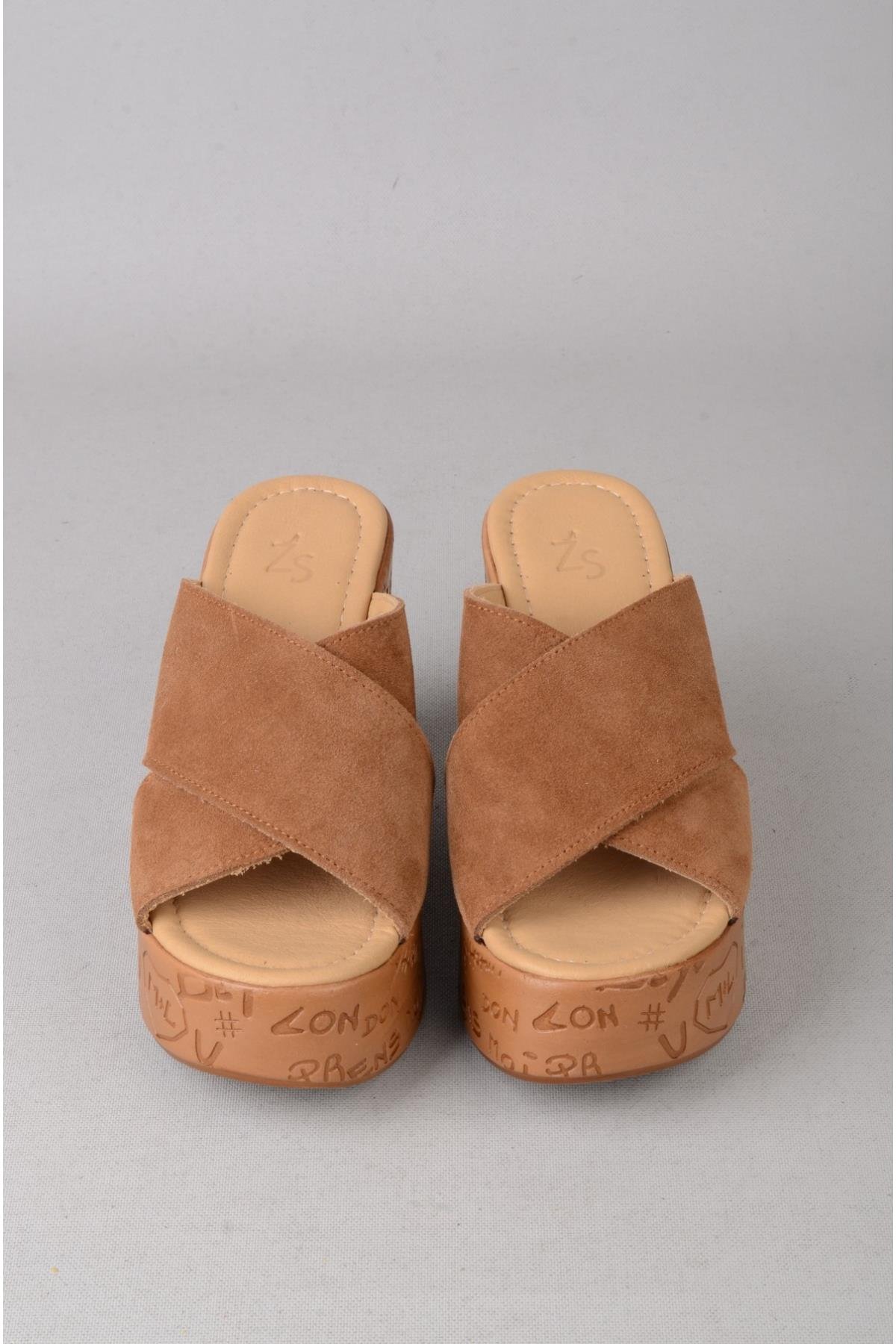 SEÇ 4022 HAKİKİ DERİ DOLGU TOPUK TERLİK (Topuk Boyu:10 cm, Platform: 3,5 cm) TABA SÜET