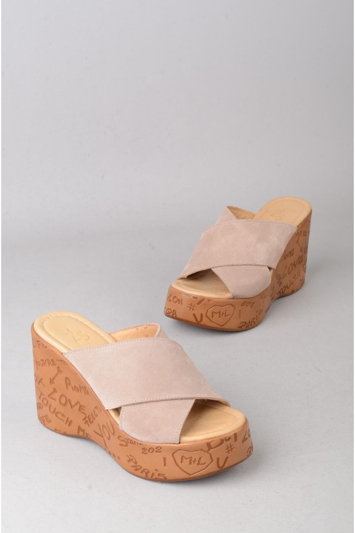 SEÇ 4022 HAKİKİ DERİ DOLGU TOPUK TERLİK (Topuk Boyu:10 cm, Platform: 3,5 cm) VİZON SÜET