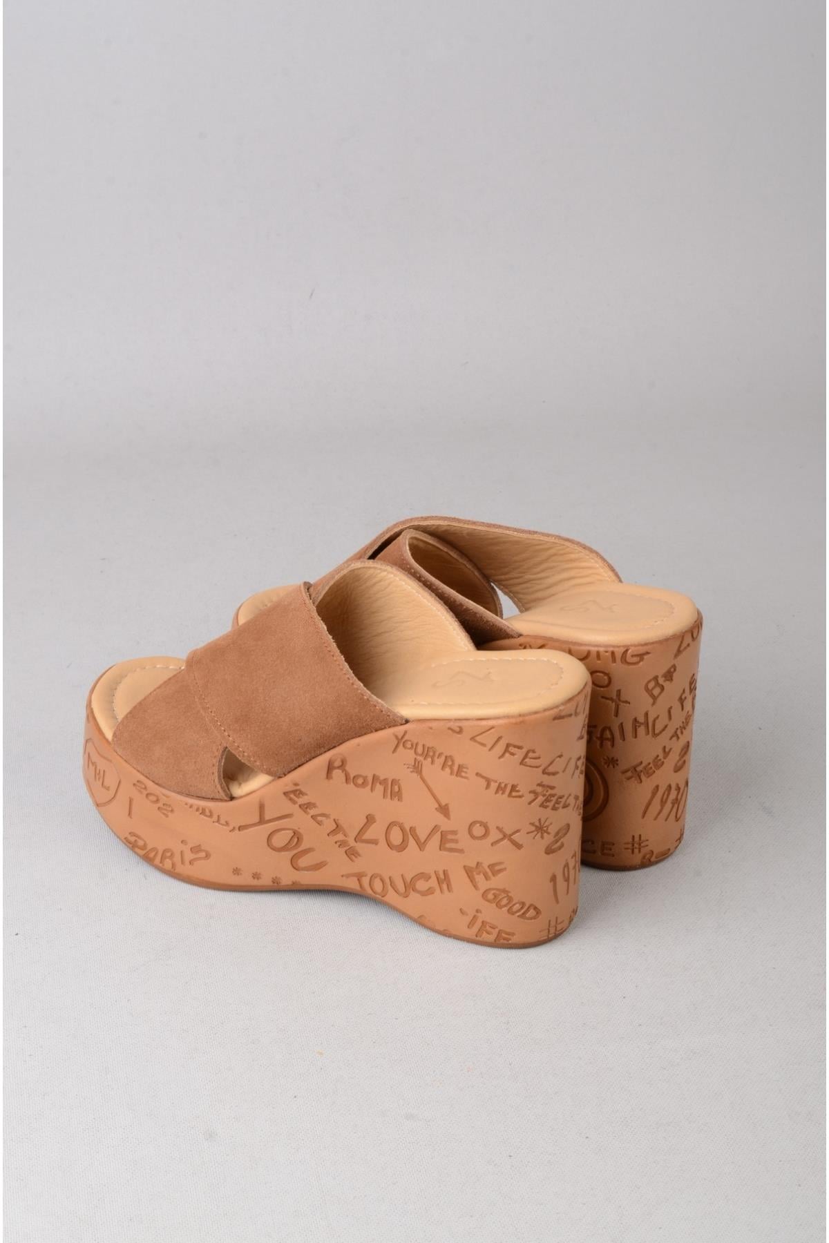 SEÇ 4022 HAKİKİ DERİ DOLGU TOPUK TERLİK (Topuk Boyu:10 cm, Platform: 3,5 cm) TABA SÜET