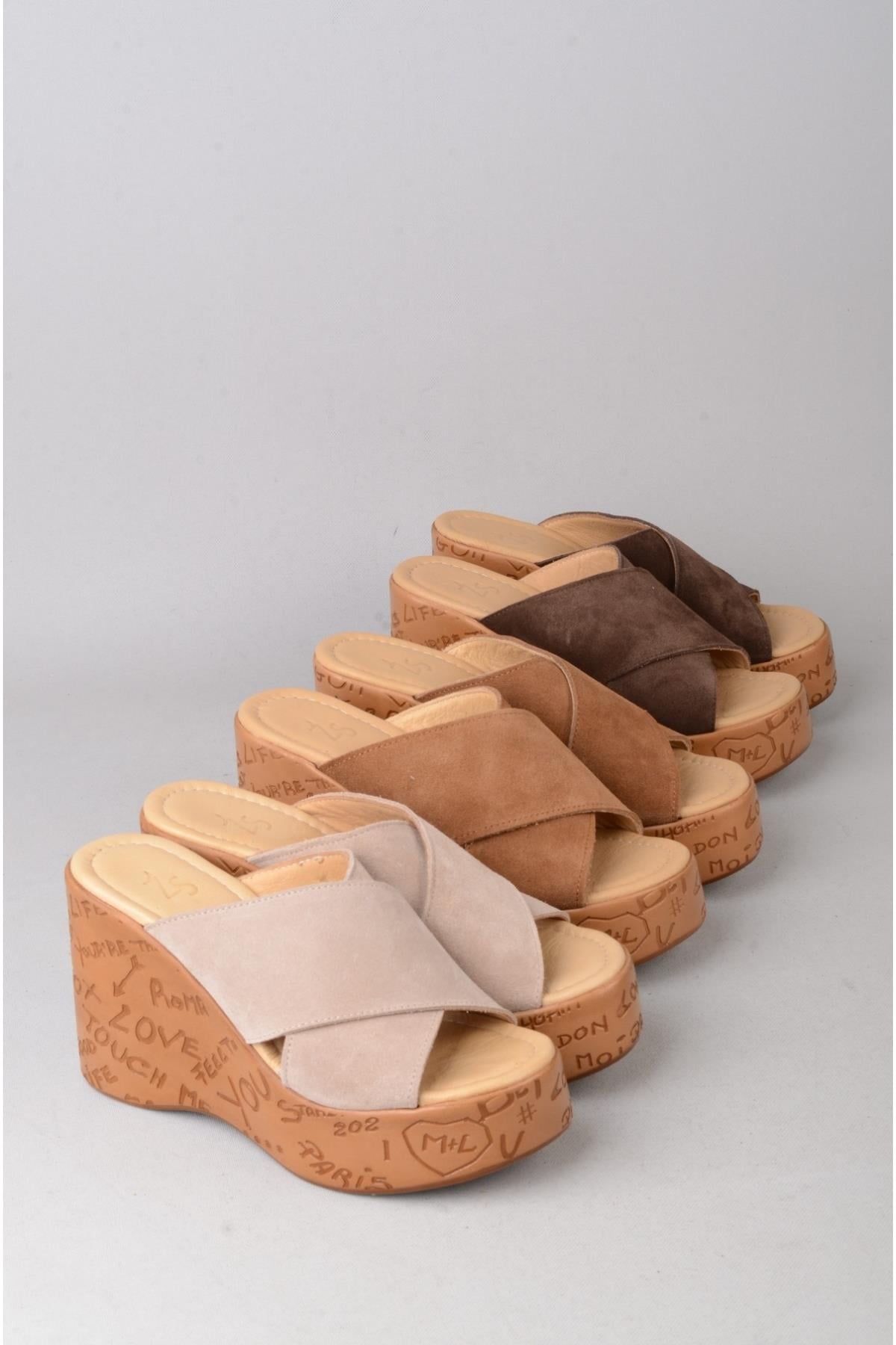 SEÇ 4022 HAKİKİ DERİ DOLGU TOPUK TERLİK (Topuk Boyu:10 cm, Platform: 3,5 cm) TABA SÜET