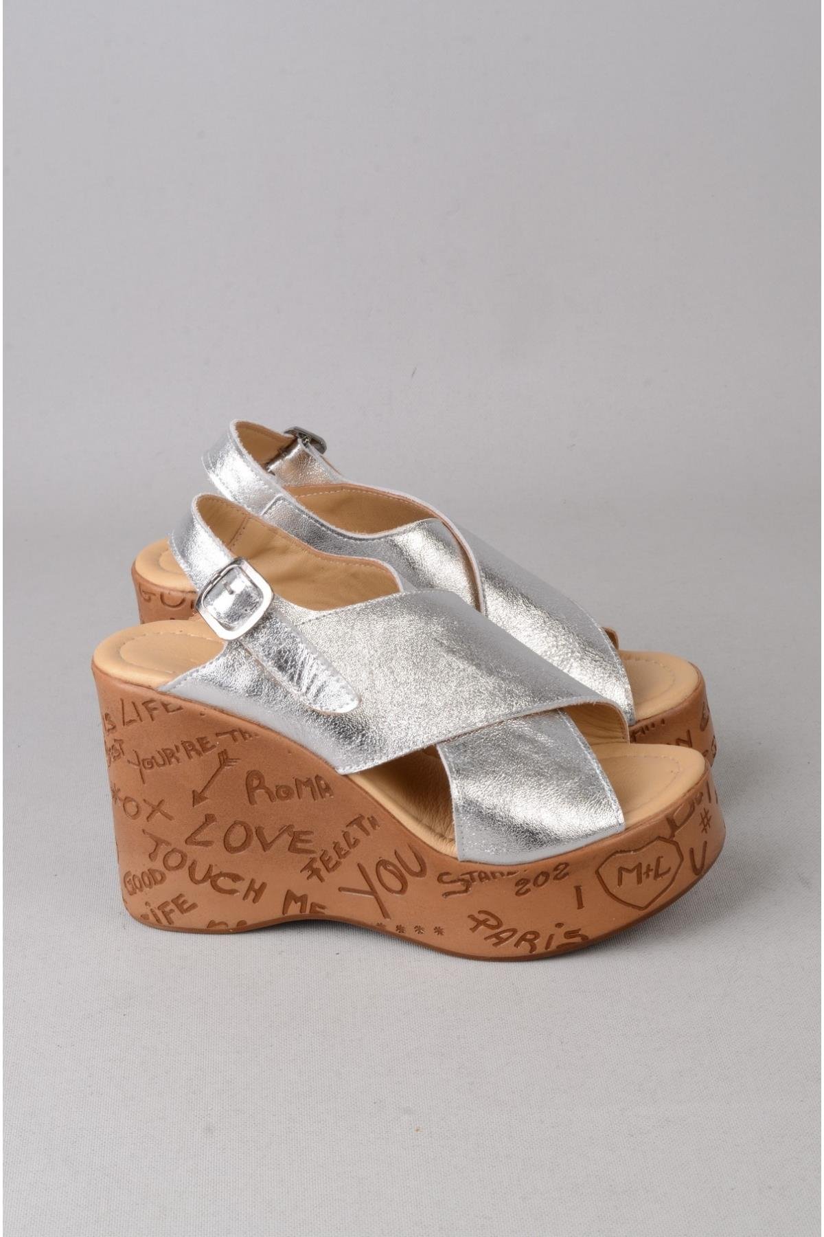 SEÇ 4023 HAKİKİ DERİ DOLGU TOPUK SANDALET (Topuk Boyu:10 cm, Platform: 3,5 cm) GÜMÜŞ