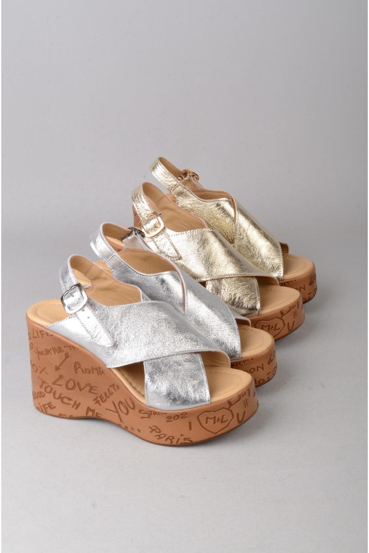 SEÇ 4023 HAKİKİ DERİ DOLGU TOPUK SANDALET (Topuk Boyu:10 cm, Platform: 3,5 cm) ALTIN