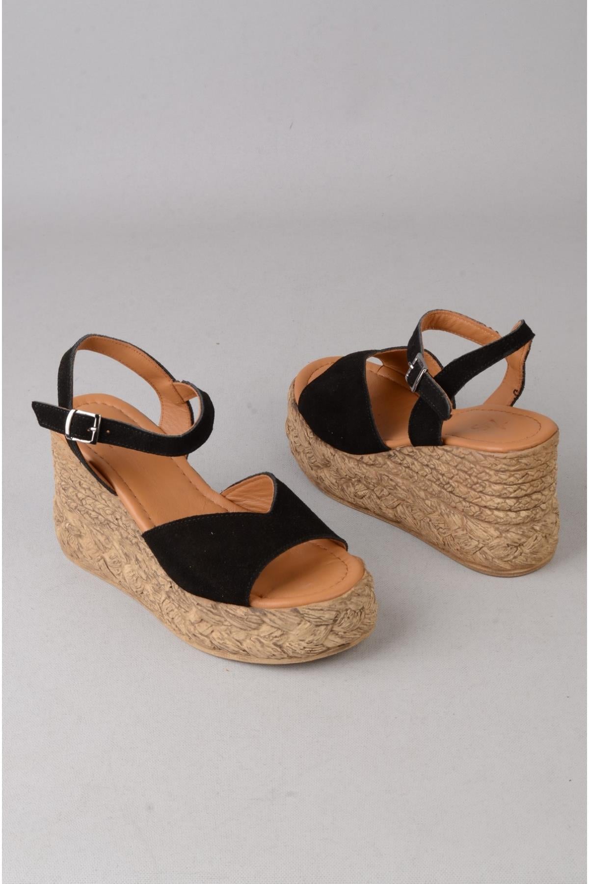 SEÇ 4036 HAKİKİ DERİ DOLGU TOPUK SANDALET (Topuk Boyu:9 cm, Platform: 3 cm) SİYAH SÜET