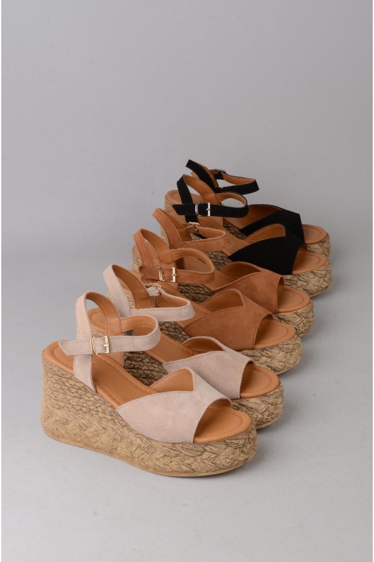 SEÇ 4036 HAKİKİ DERİ DOLGU TOPUK SANDALET (Topuk Boyu:9 cm, Platform: 3 cm) SİYAH SÜET