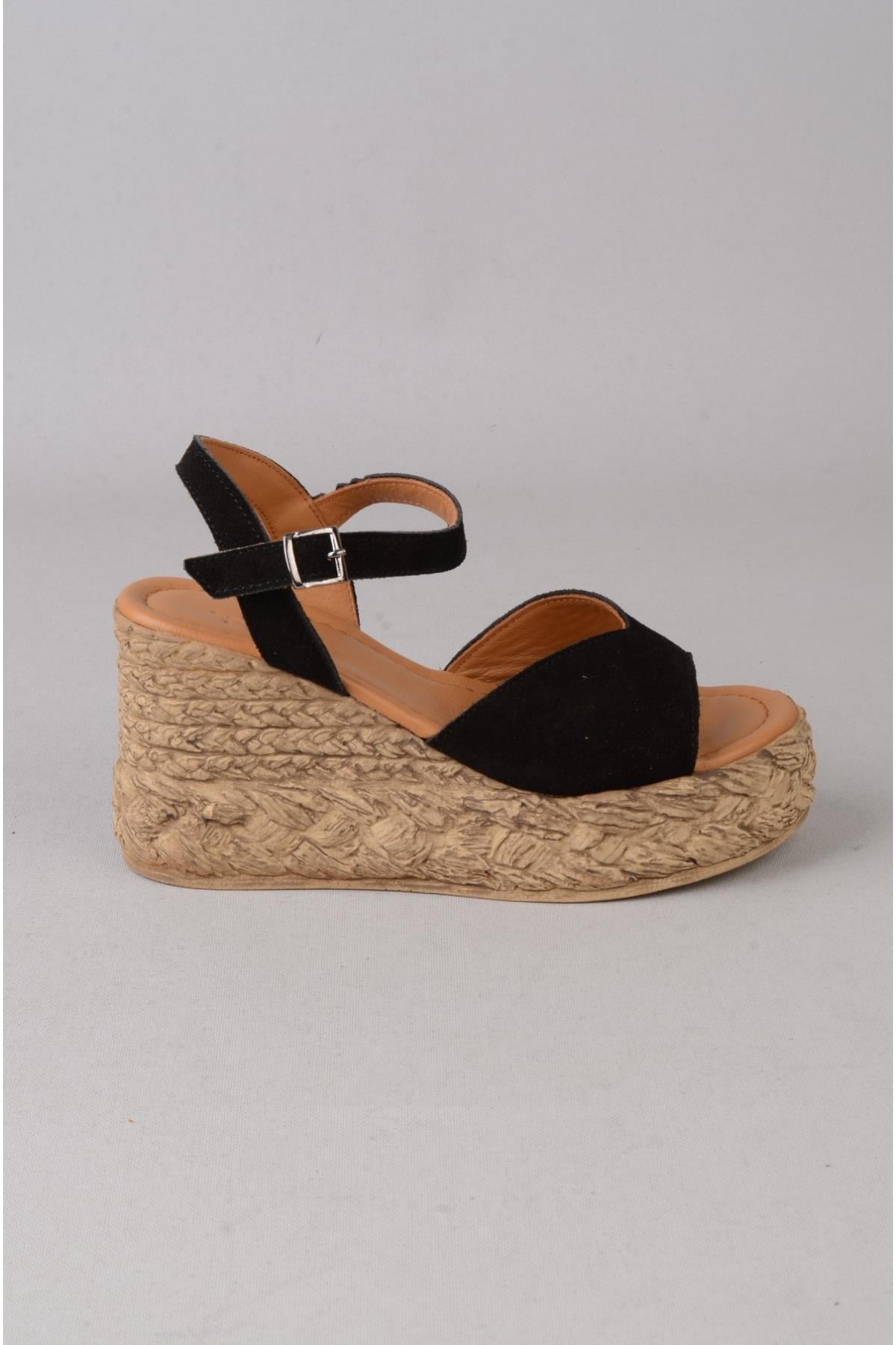 SEÇ 4036 HAKİKİ DERİ DOLGU TOPUK SANDALET (Topuk Boyu:9 cm, Platform: 3 cm) SİYAH SÜET