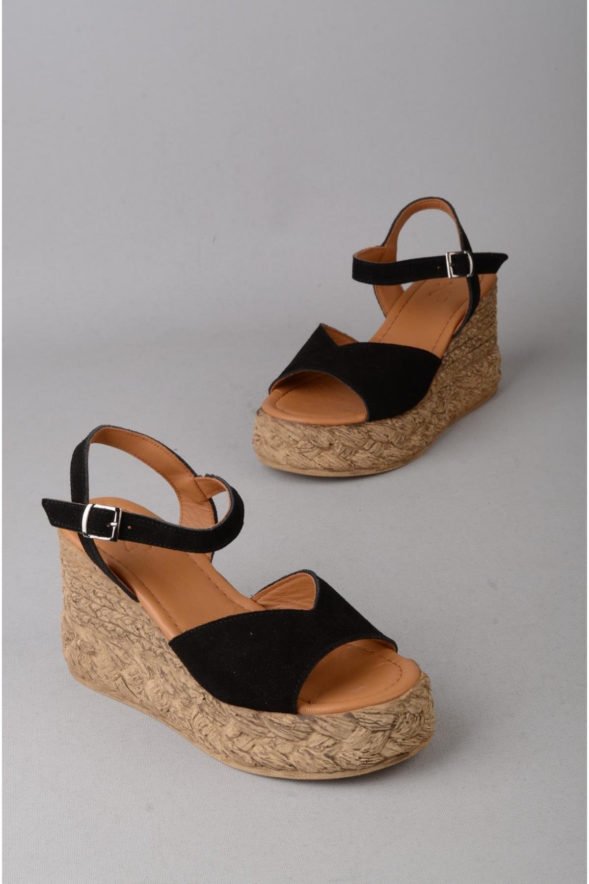 SEÇ 4036 HAKİKİ DERİ DOLGU TOPUK SANDALET (Topuk Boyu:9 cm, Platform: 3 cm) SİYAH SÜET