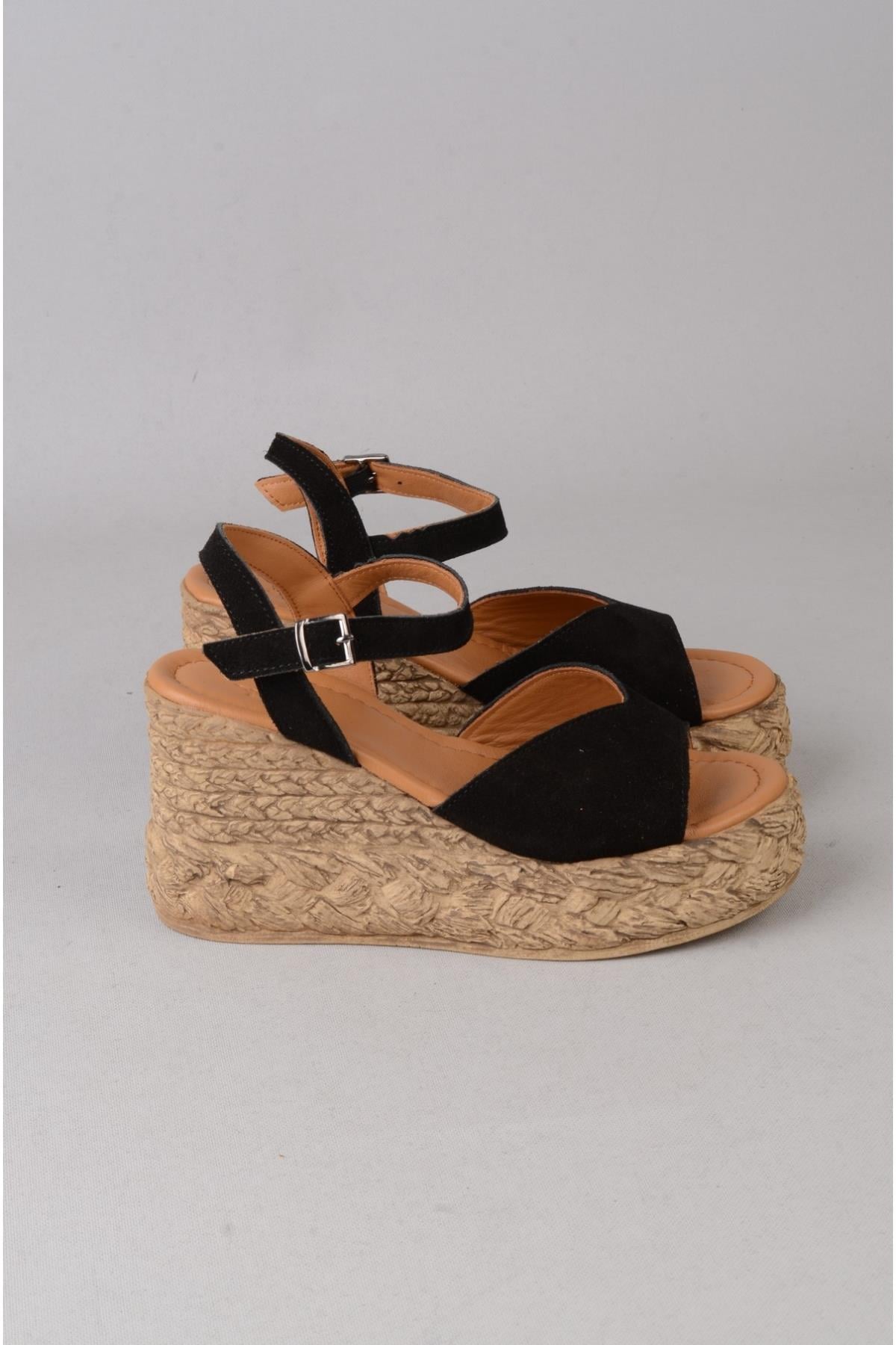 SEÇ 4036 HAKİKİ DERİ DOLGU TOPUK SANDALET (Topuk Boyu:9 cm, Platform: 3 cm) SİYAH SÜET