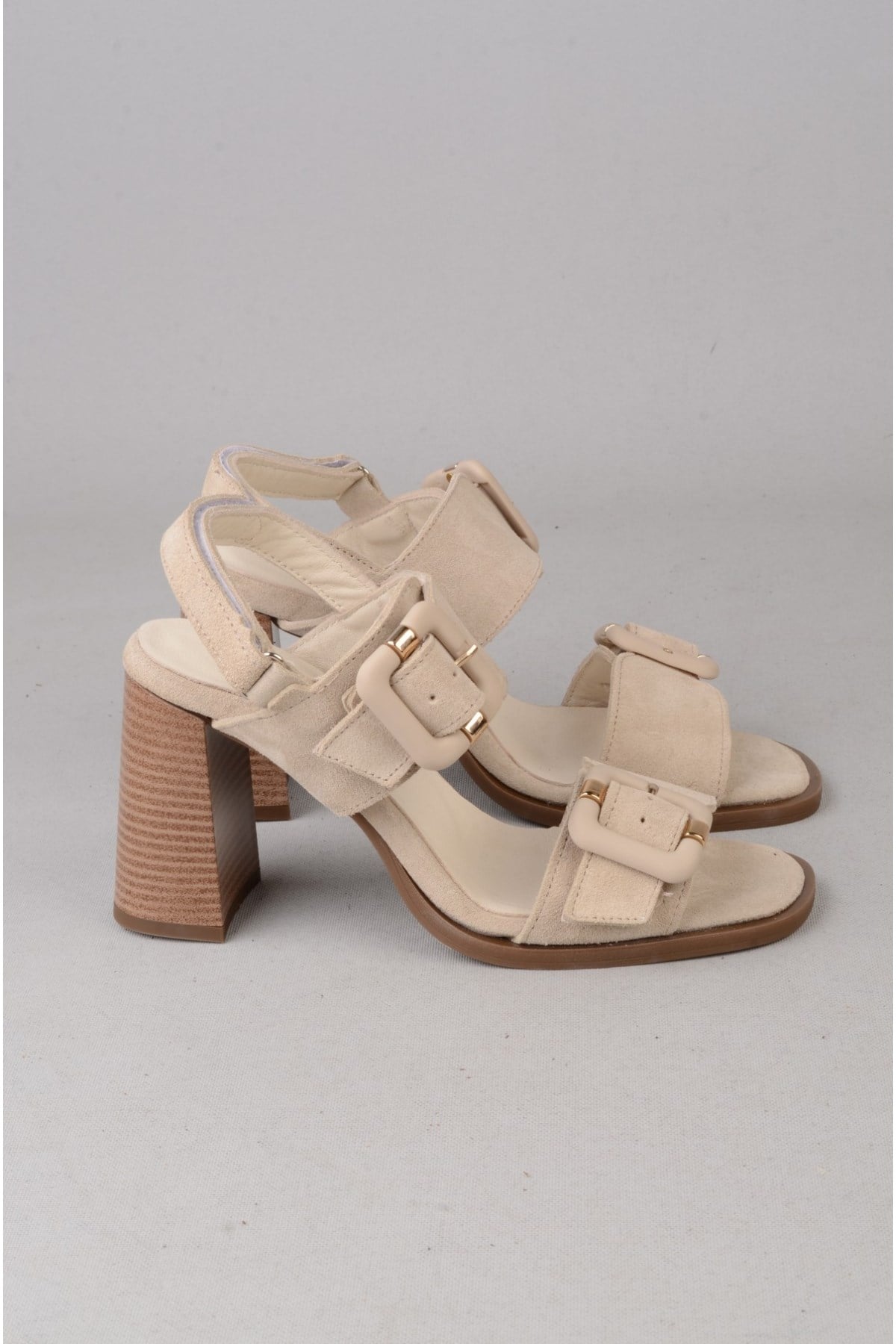 SEÇ 4177 HAKİKİ DERİ TOPUKLU SANDALET (Topuk: 8 cm) BEJ SÜET