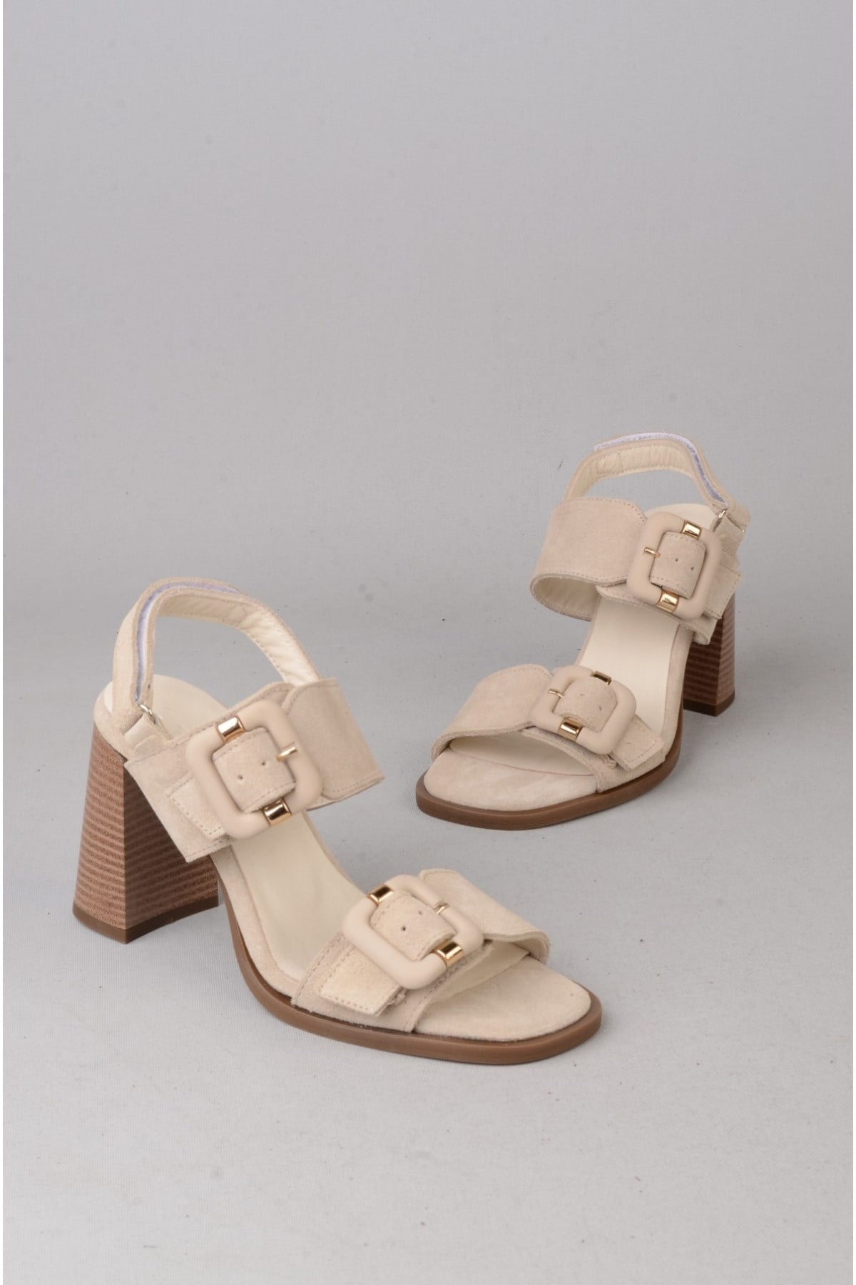 SEÇ 4177 HAKİKİ DERİ TOPUKLU SANDALET (Topuk: 8 cm) BEJ SÜET