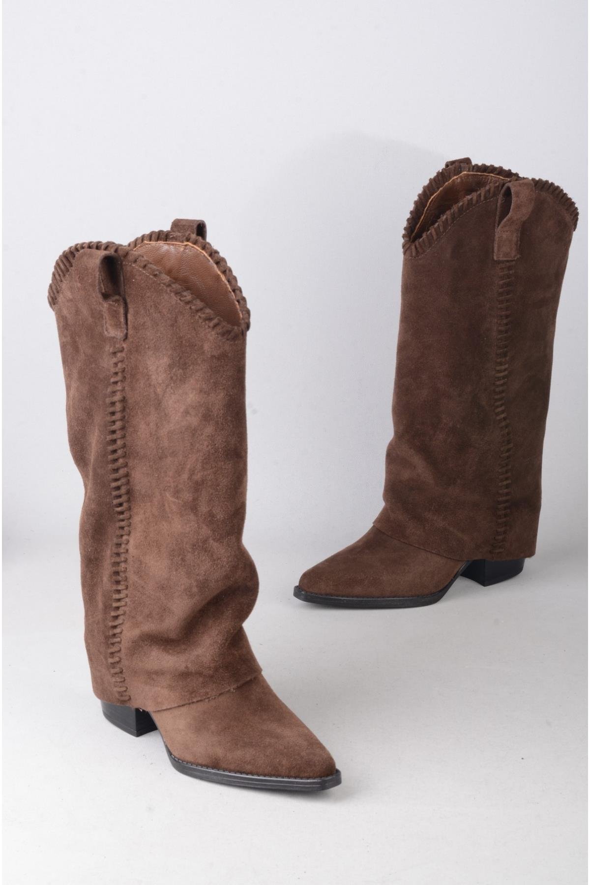 SEÇ 4500 HAKİKİ DERİ WESTERN TOPUKLU ÇİZME (Topuk Boyu:7 cm) KAHVE SÜET