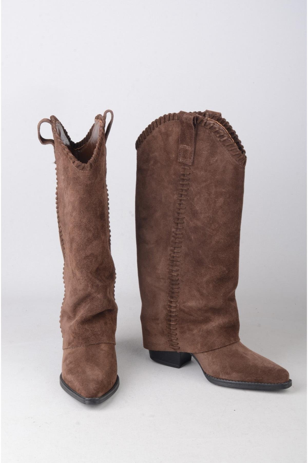 SEÇ 4500 HAKİKİ DERİ WESTERN TOPUKLU ÇİZME (Topuk Boyu:7 cm) KAHVE SÜET