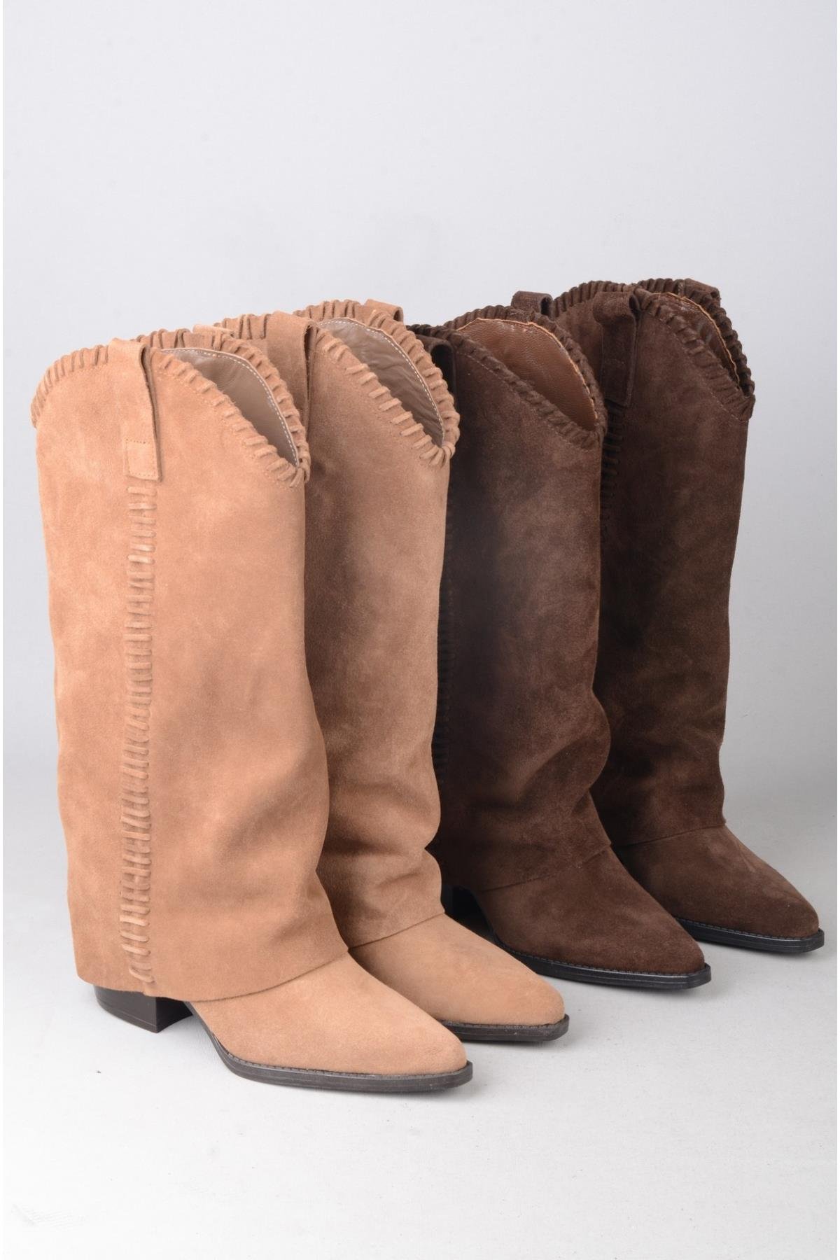 SEÇ 4500 HAKİKİ DERİ WESTERN TOPUKLU ÇİZME (Topuk Boyu:7 cm) KAHVE SÜET
