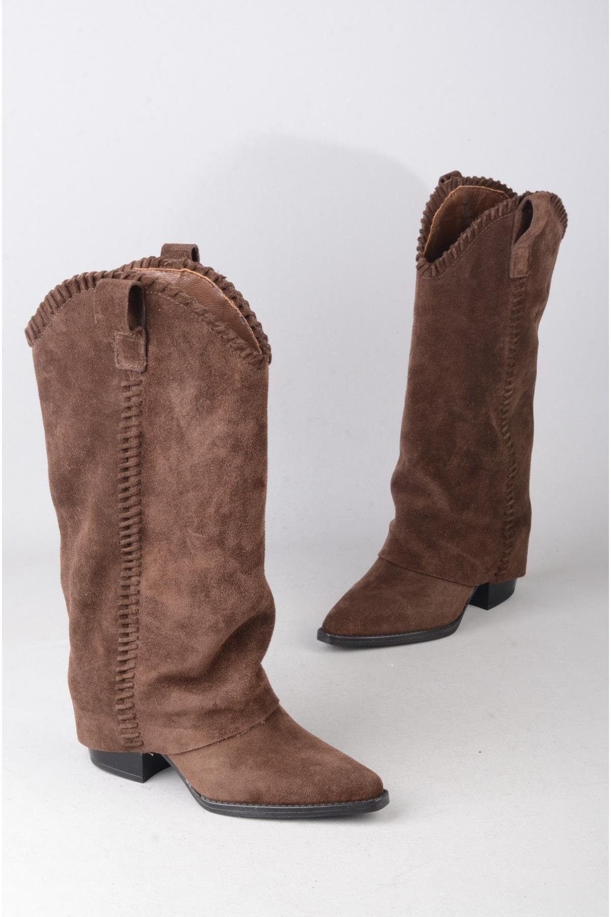 SEÇ 4500 HAKİKİ DERİ WESTERN TOPUKLU ÇİZME (Topuk Boyu:7 cm) KAHVE SÜET