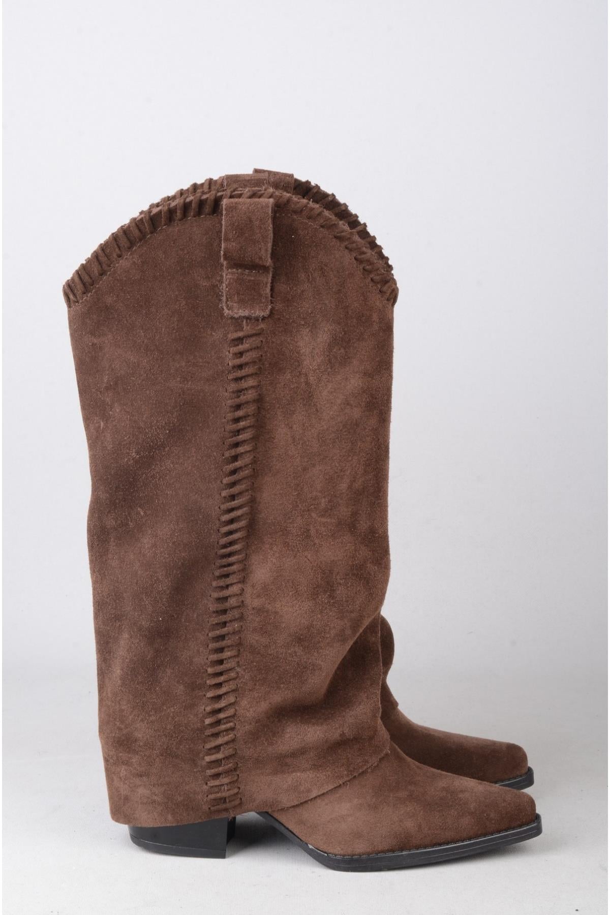 SEÇ 4500 HAKİKİ DERİ WESTERN TOPUKLU ÇİZME (Topuk Boyu:7 cm) KAHVE SÜET