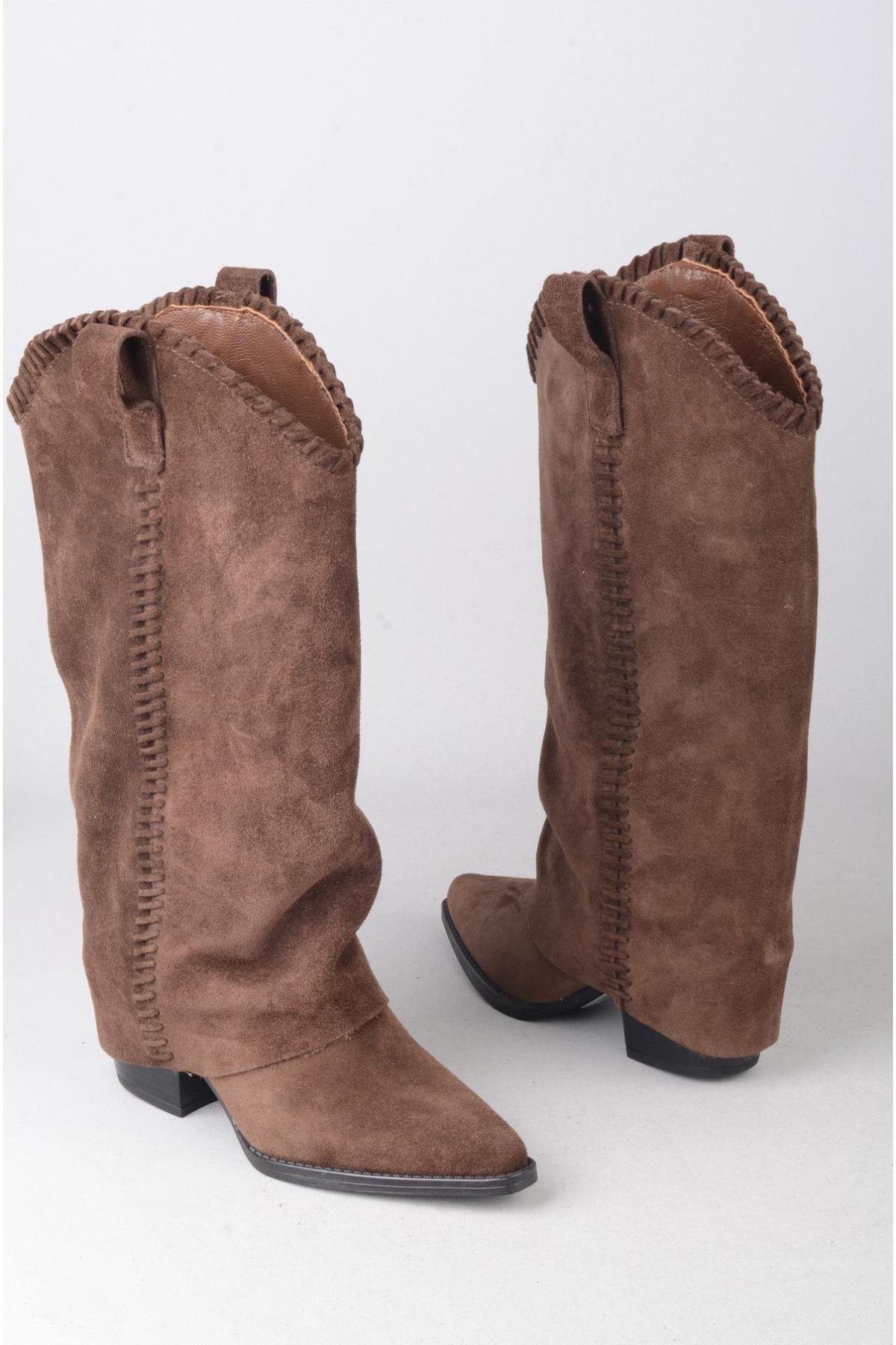 SEÇ 4500 HAKİKİ DERİ WESTERN TOPUKLU ÇİZME (Topuk Boyu:7 cm) KAHVE SÜET