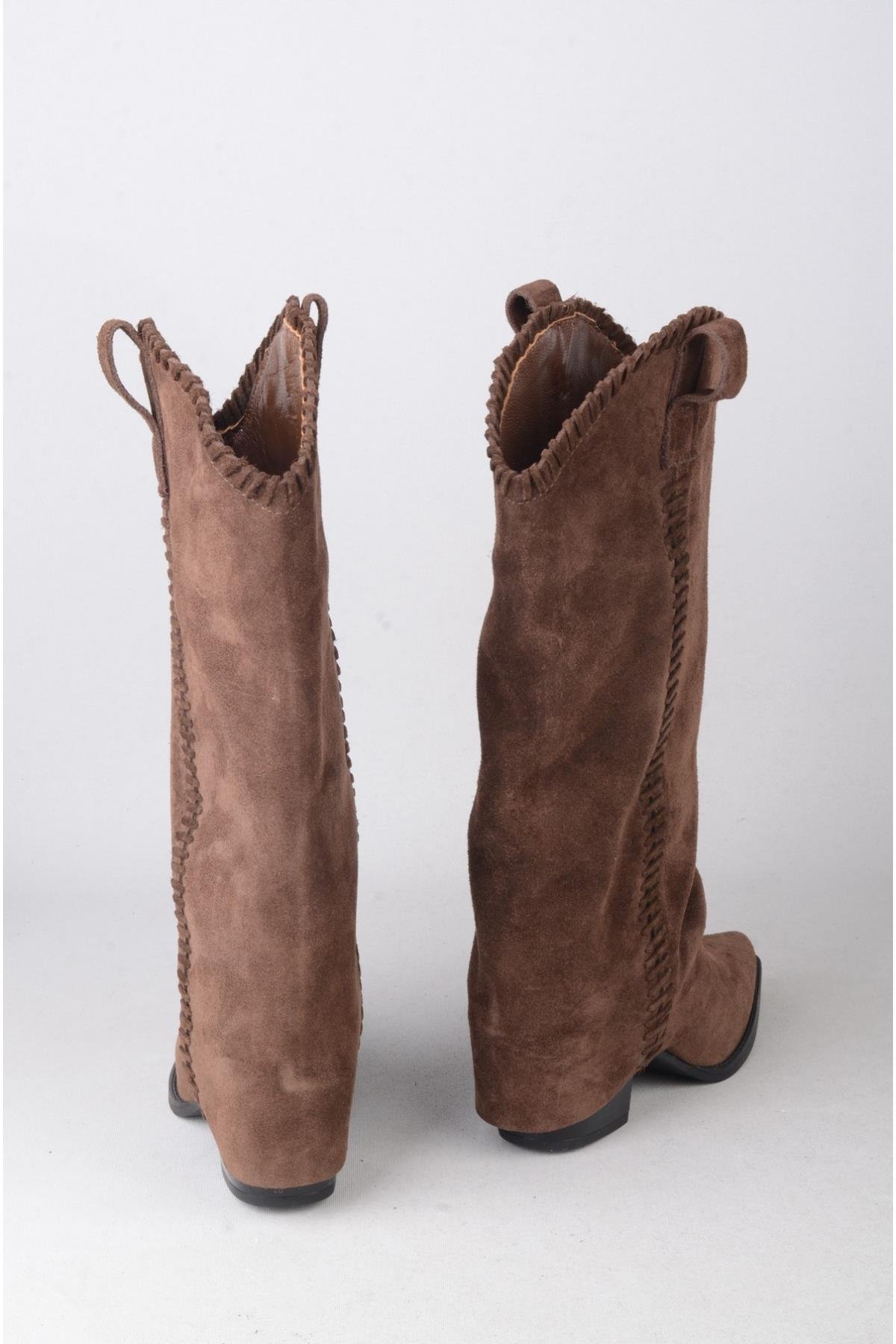 SEÇ 4500 HAKİKİ DERİ WESTERN TOPUKLU ÇİZME (Topuk Boyu:7 cm) KAHVE SÜET