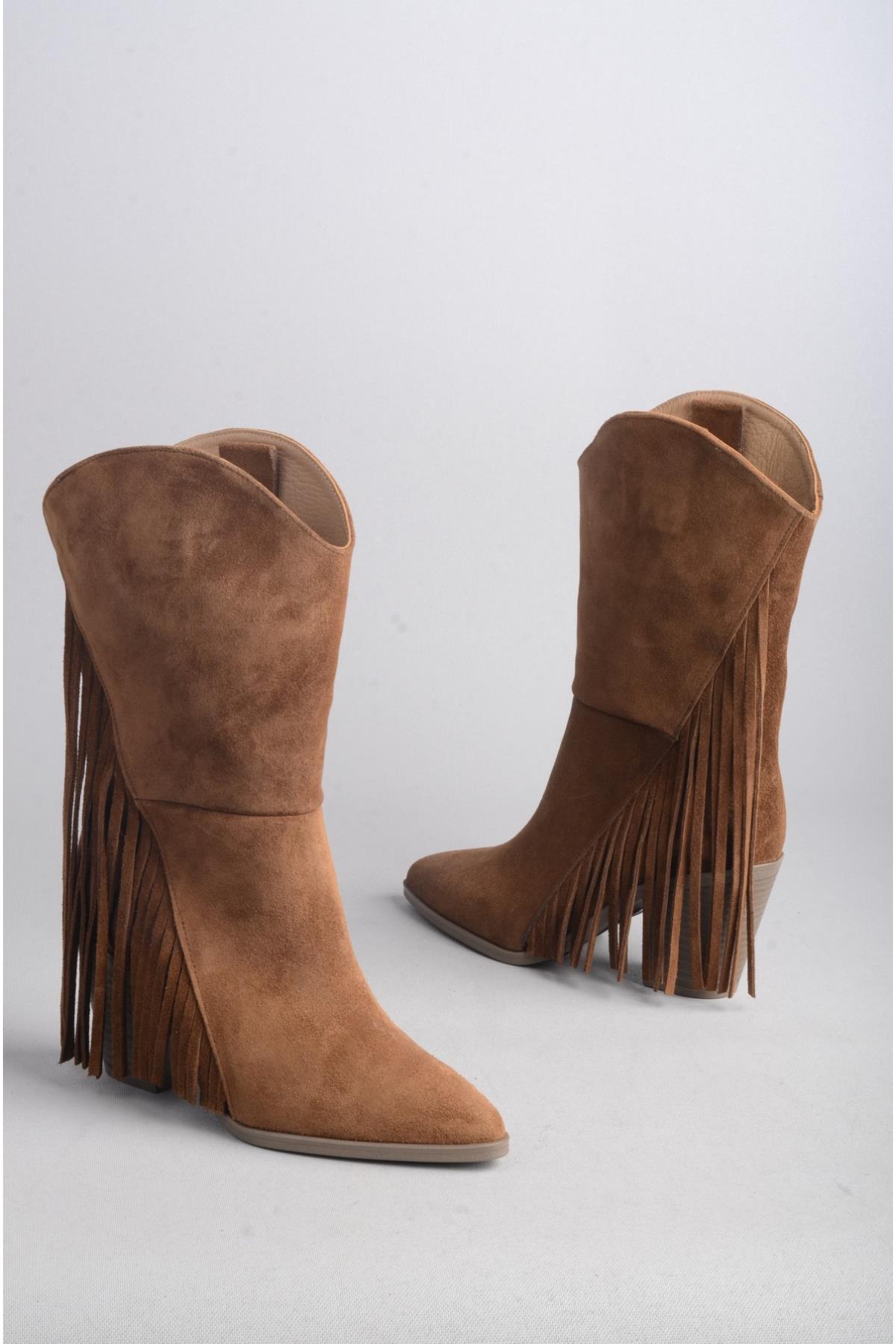 SEÇ 55060 HAKİKİ DERİ PÜSKÜLLÜ TOPUKLU KADIN ÇİZME (Topuk Boyu:8 cm) TABA SÜET