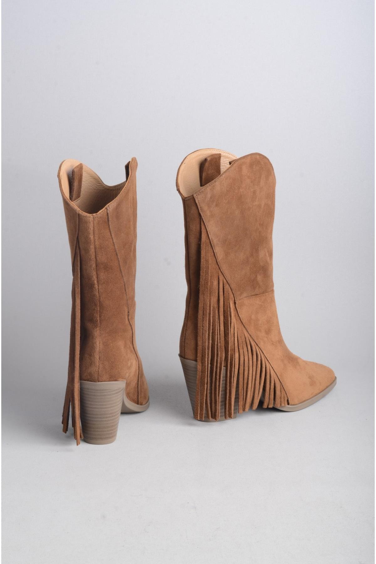 SEÇ 55060 HAKİKİ DERİ PÜSKÜLLÜ TOPUKLU KADIN ÇİZME (Topuk Boyu:8 cm) TABA SÜET