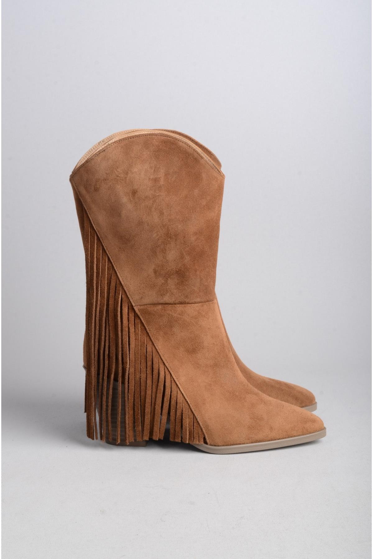 SEÇ 55060 HAKİKİ DERİ PÜSKÜLLÜ TOPUKLU KADIN ÇİZME (Topuk Boyu:8 cm) TABA SÜET