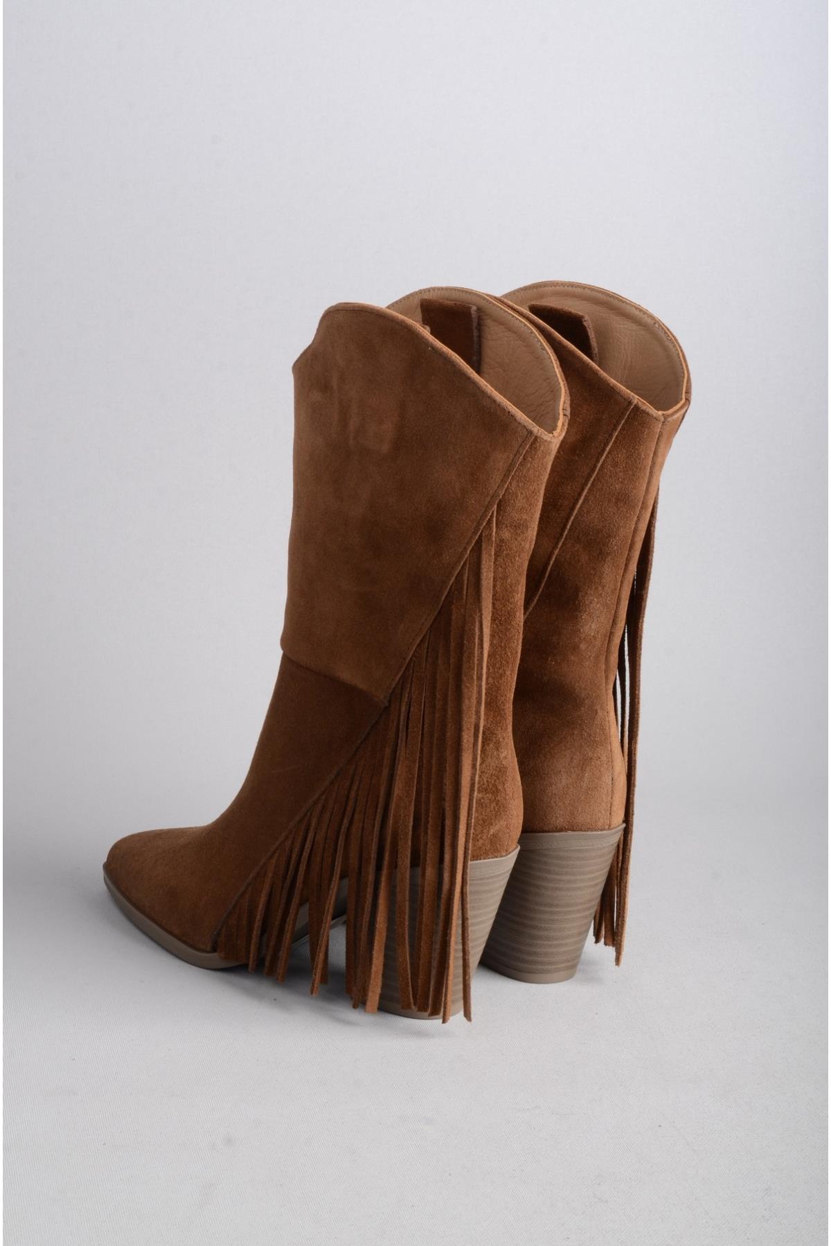 SEÇ 55060 HAKİKİ DERİ PÜSKÜLLÜ TOPUKLU KADIN ÇİZME (Topuk Boyu:8 cm) TABA SÜET