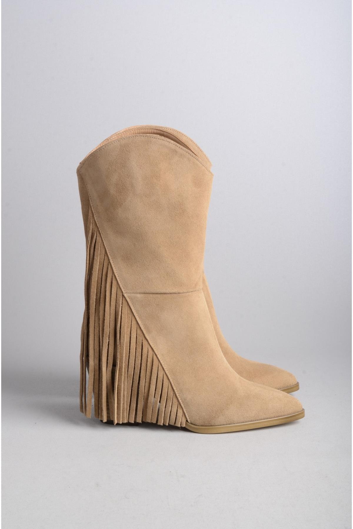 SEÇ 55060 HAKİKİ DERİ PÜSKÜLLÜ TOPUKLU KADIN ÇİZME (Topuk Boyu:8 cm) VİZON SÜET