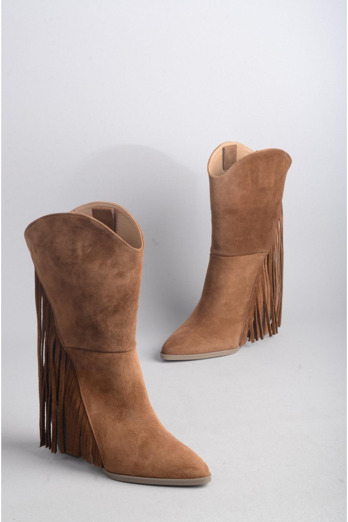 SEÇ 55060 HAKİKİ DERİ PÜSKÜLLÜ TOPUKLU KADIN ÇİZME (Topuk Boyu:8 cm) TABA SÜET