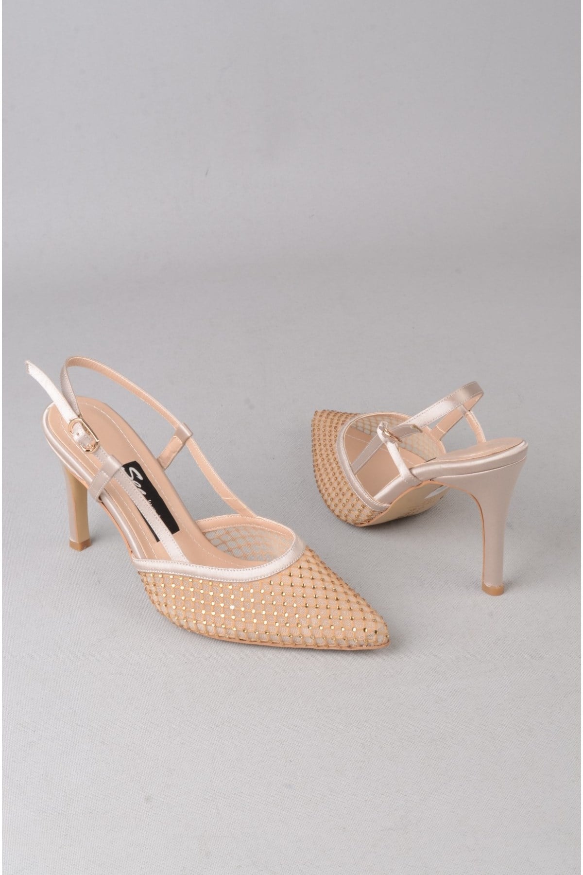 SEÇ 609 TAŞ DETAYLI SATEN TOPUKLU AYAKKABI (10cm) ALTIN SATEN