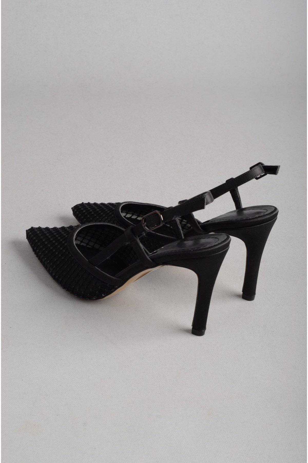 SEÇ 609 TAŞ DETAYLI SATEN TOPUKLU AYAKKABI (10cm) SİYAH-SİYAH