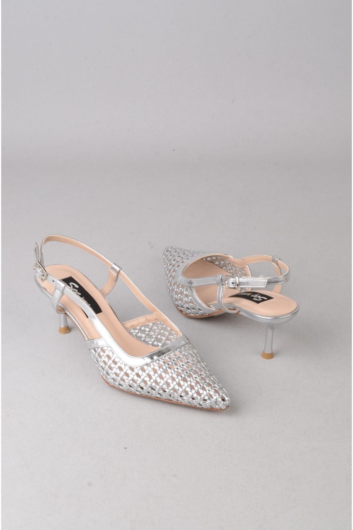SEÇ 8526 ÖRGÜ TOPUKLU AYAKKABI (Topuk Boyu:7 cm) GÜMÜŞ