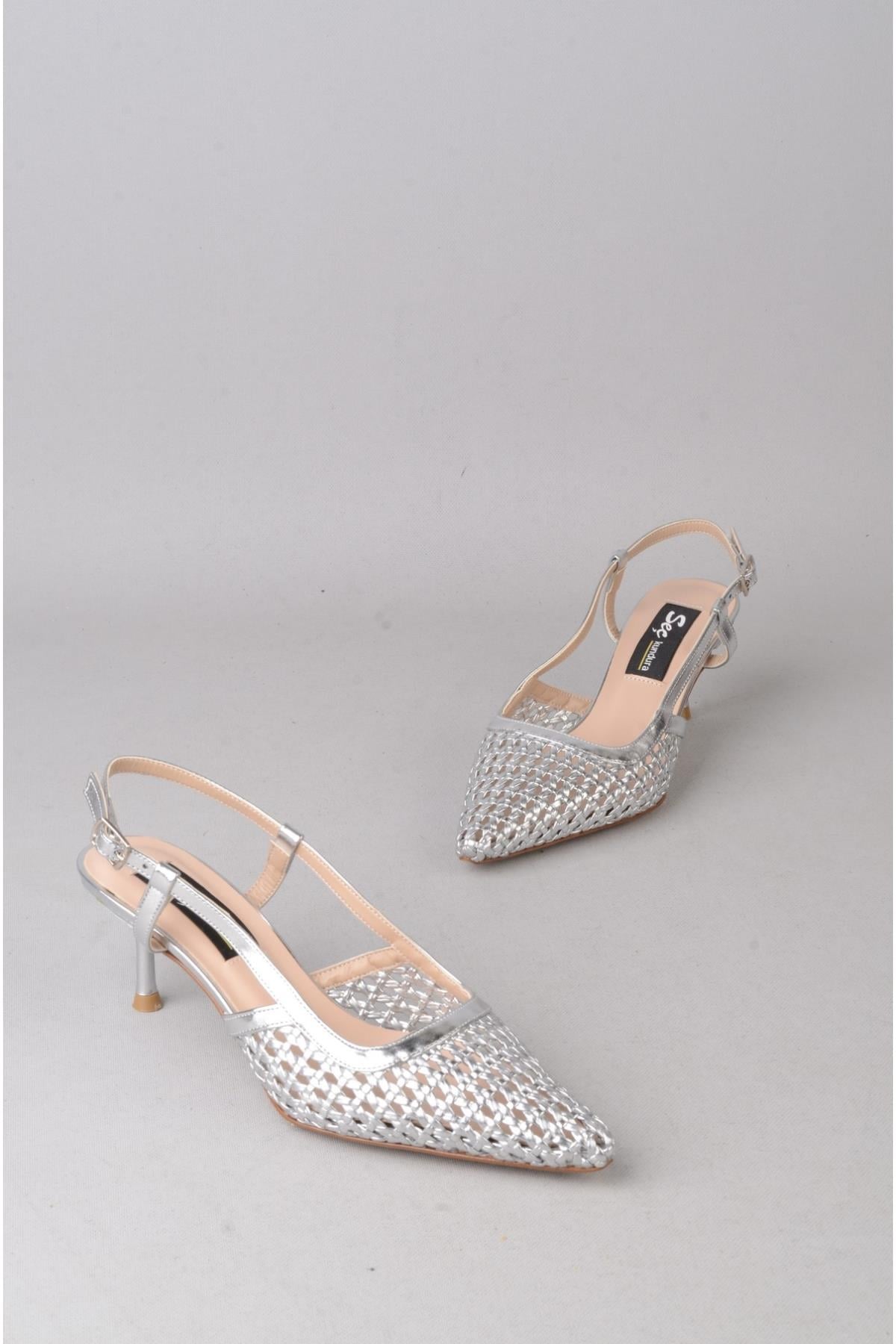 SEÇ 8526 ÖRGÜ TOPUKLU AYAKKABI (Topuk Boyu:7 cm) GÜMÜŞ