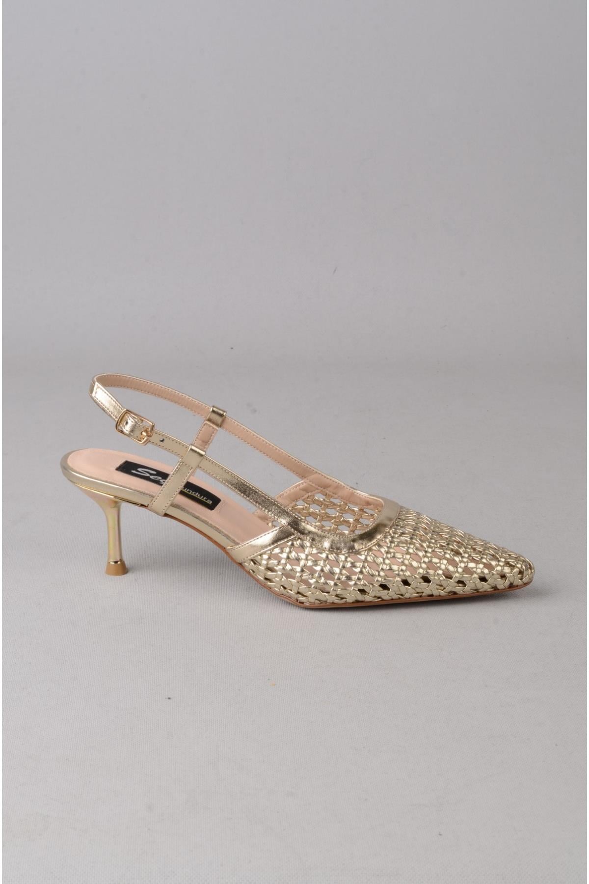 SEÇ 8526 ÖRGÜ TOPUKLU AYAKKABI (Topuk Boyu:7 cm) ALTIN