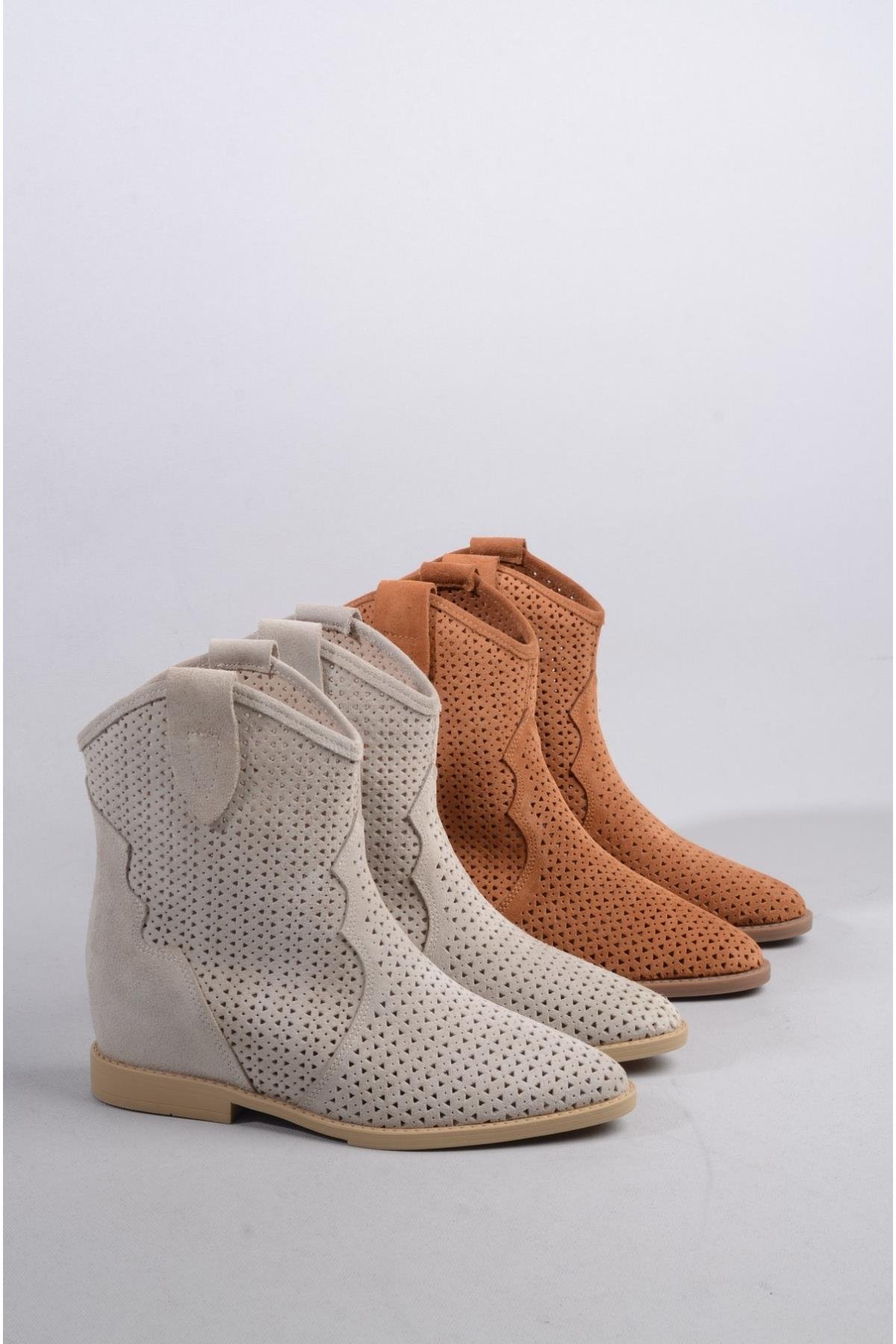 SEÇ 8591 HAKİKİ DERİ KADIN YAZLIK BOT ( Gizli Dolgu Topuk 7cm) BEJ SÜET