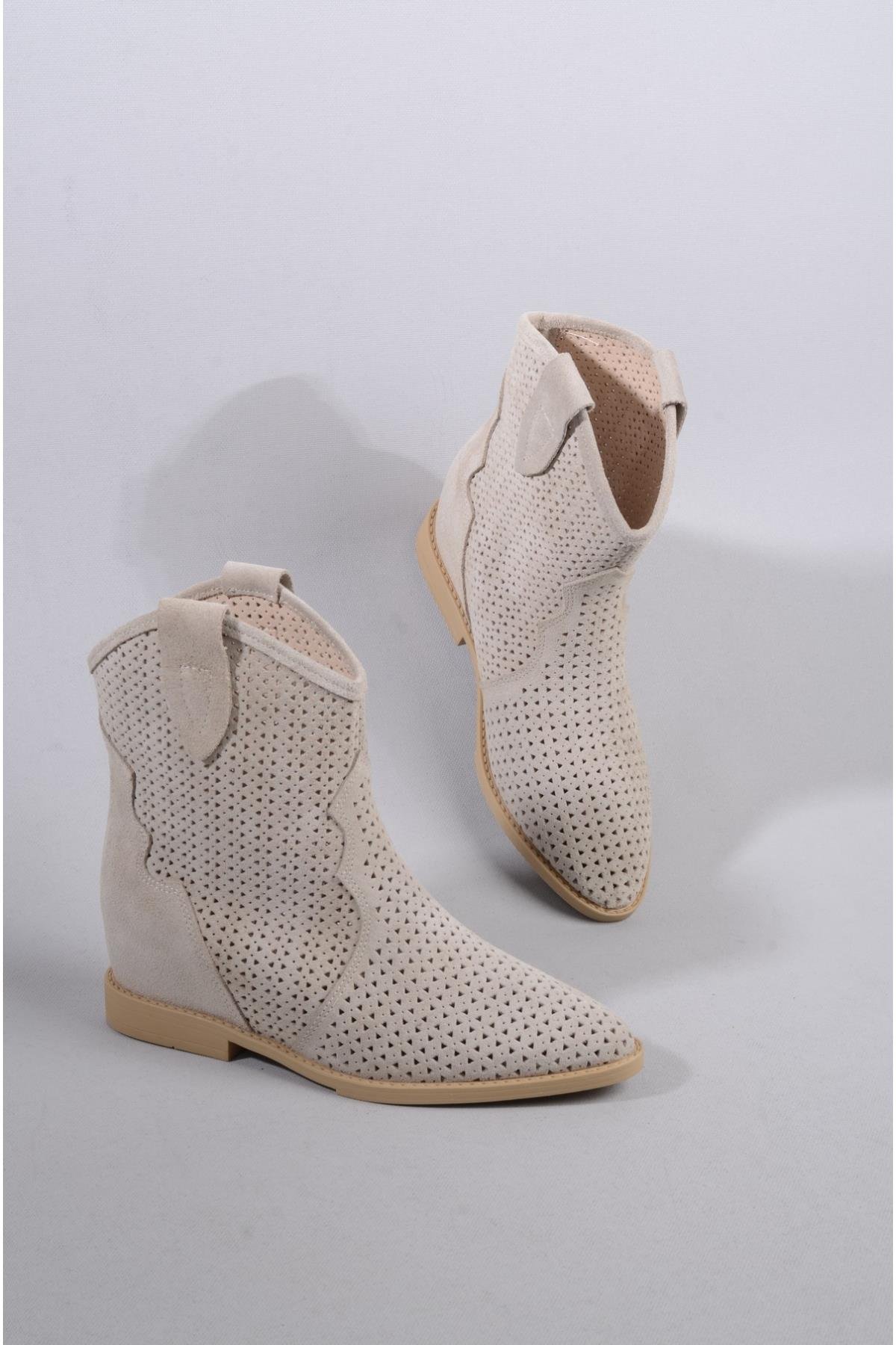 SEÇ 8591 HAKİKİ DERİ KADIN YAZLIK BOT ( Gizli Dolgu Topuk 7cm) BEJ SÜET