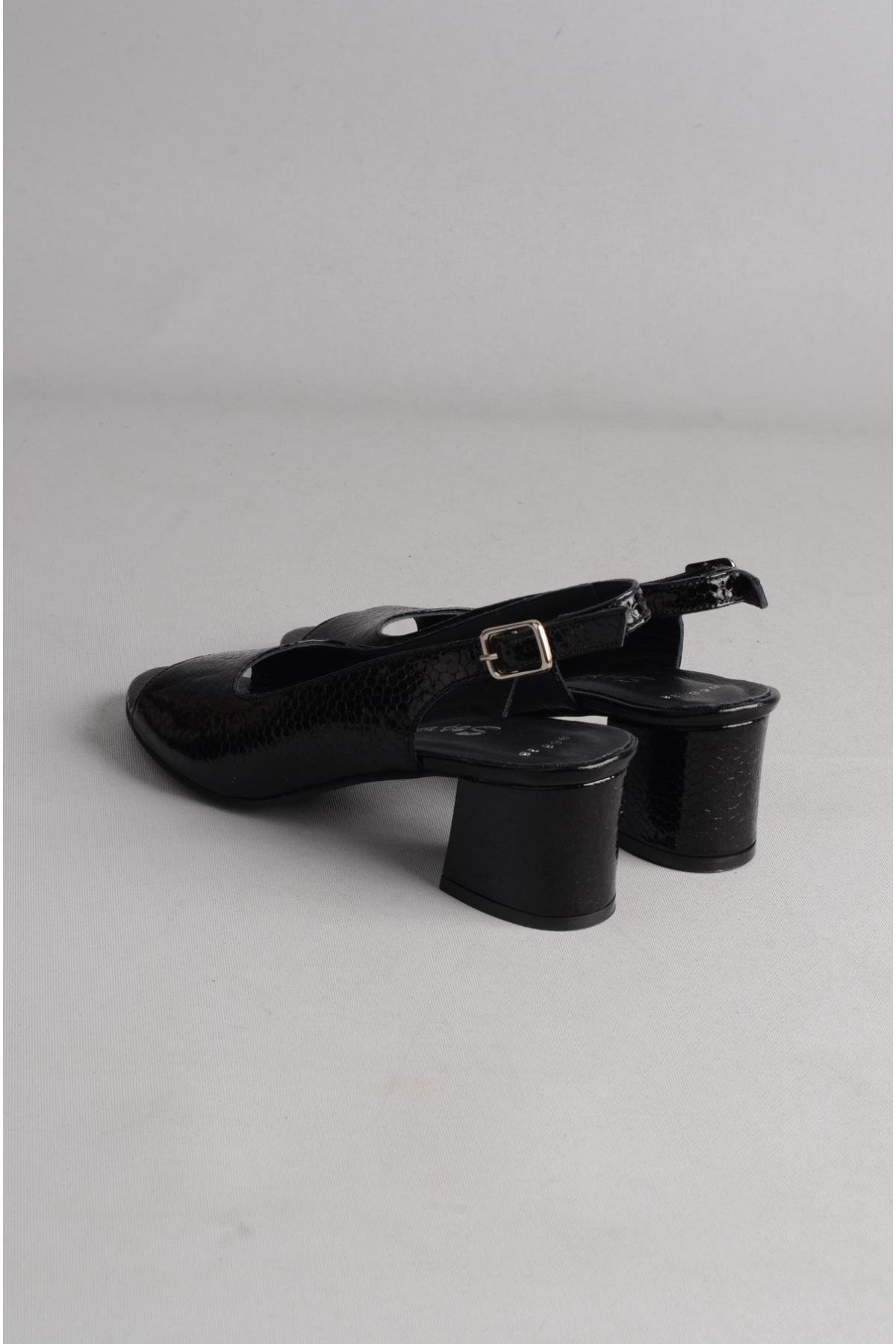 SEÇ 868 HAKİKİ DERİ TOPUKLU KADIN SANDALET (Topuk: 6 cm) SİYAH PETEK
