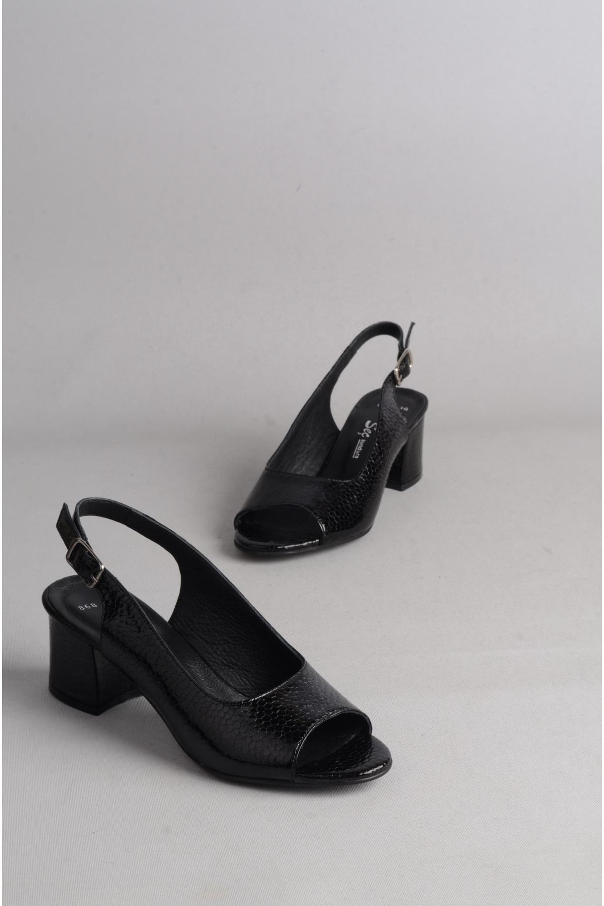 SEÇ 868 HAKİKİ DERİ TOPUKLU KADIN SANDALET (Topuk: 6 cm) SİYAH PETEK
