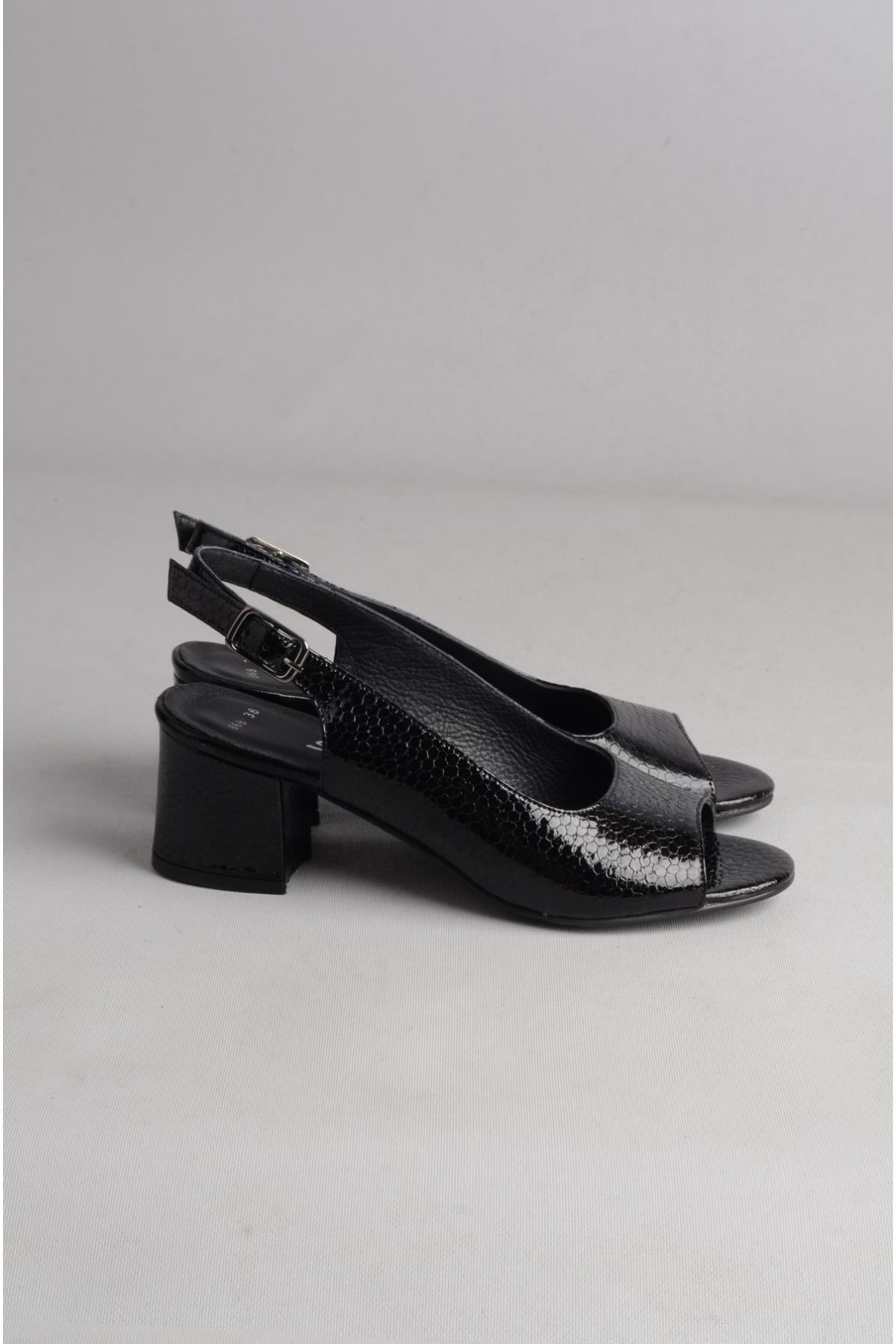 SEÇ 868 HAKİKİ DERİ TOPUKLU KADIN SANDALET (Topuk: 6 cm) SİYAH PETEK