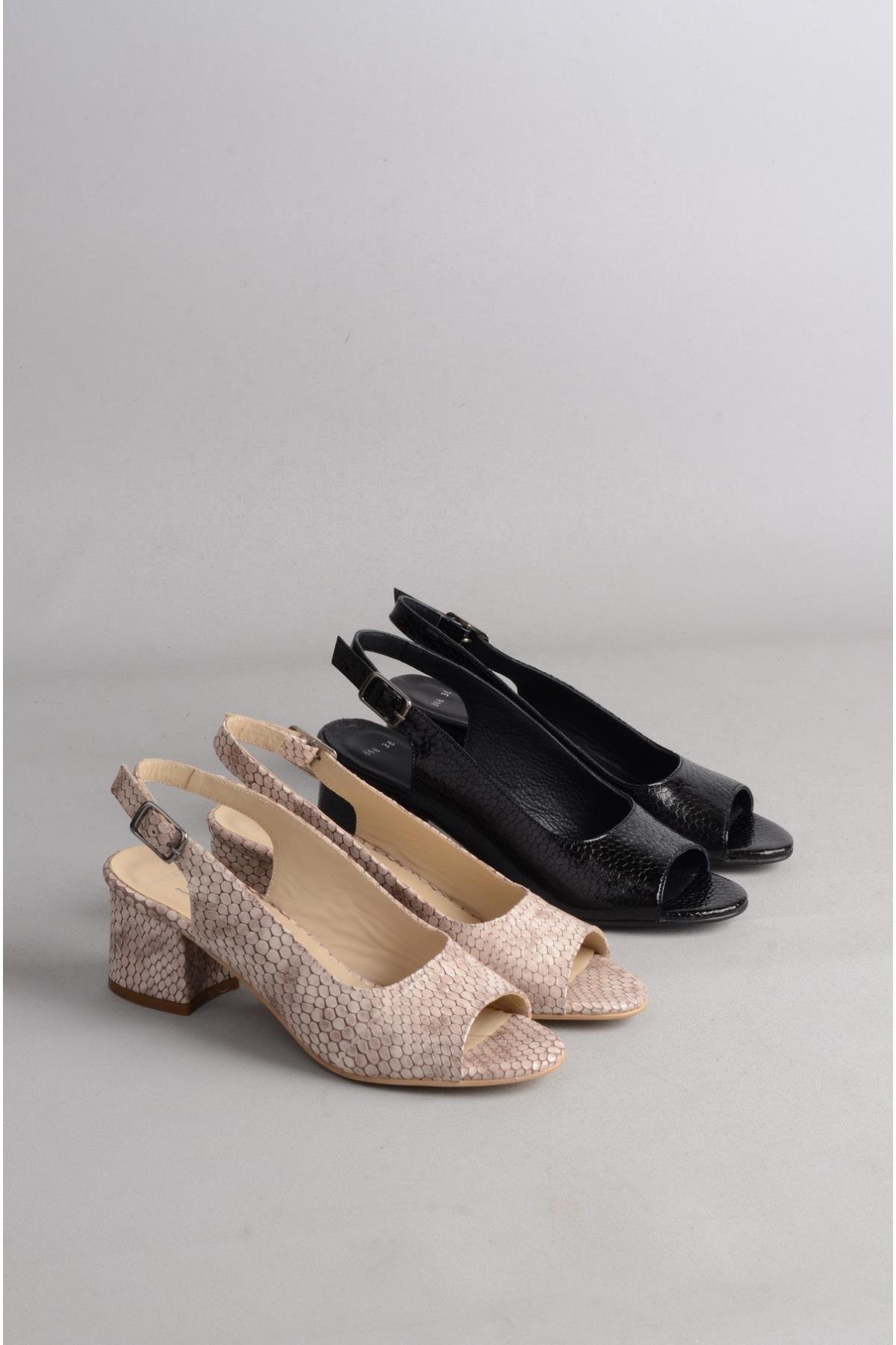 SEÇ 868 HAKİKİ DERİ TOPUKLU KADIN SANDALET (Topuk: 6 cm) SİYAH PETEK