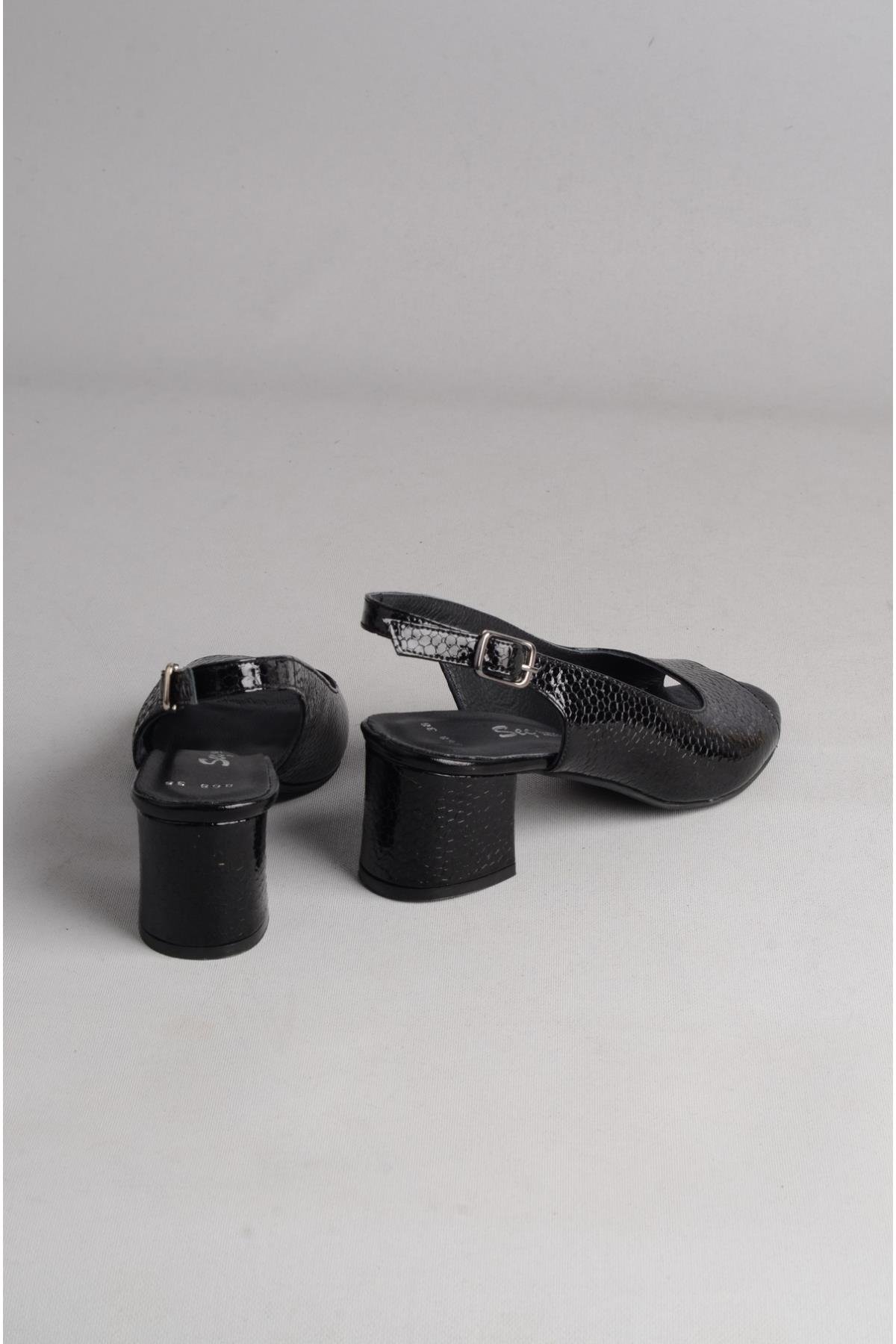 SEÇ 868 HAKİKİ DERİ TOPUKLU KADIN SANDALET (Topuk: 6 cm) SİYAH PETEK