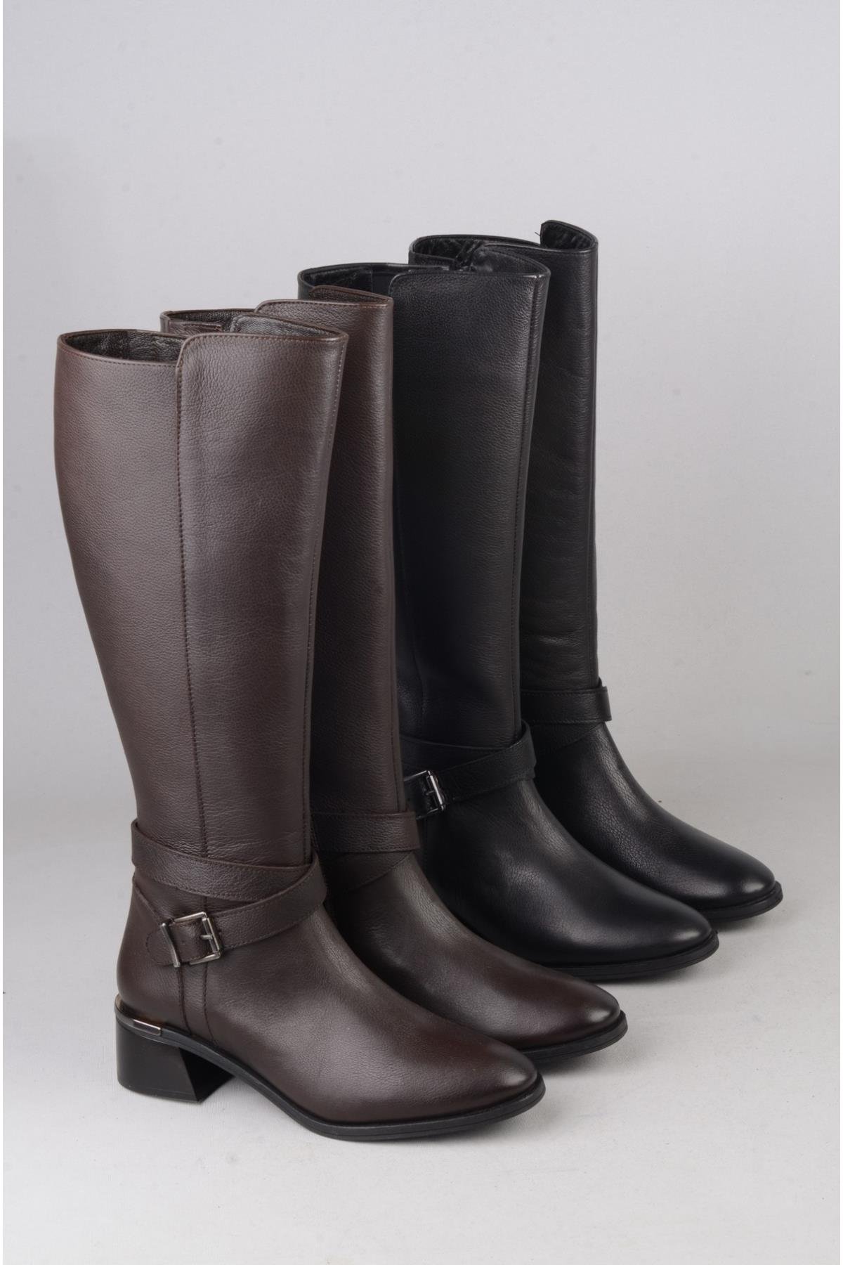 SEÇ 97900-1 HAKİKİ DERİ TOPUKLU KADIN ÇİZME (Topuk Boyu:4 cm) KAHVE