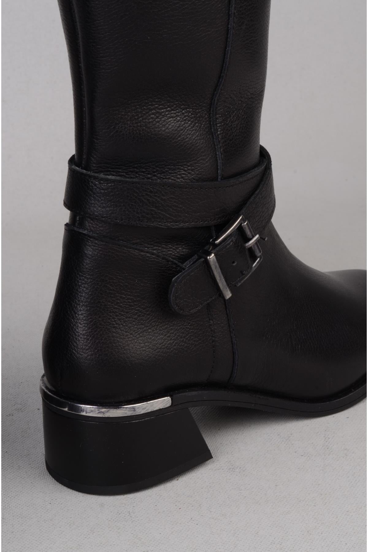 SEÇ 97900-1 HAKİKİ DERİ TOPUKLU KADIN ÇİZME (Topuk Boyu:4 cm) SİYAH
