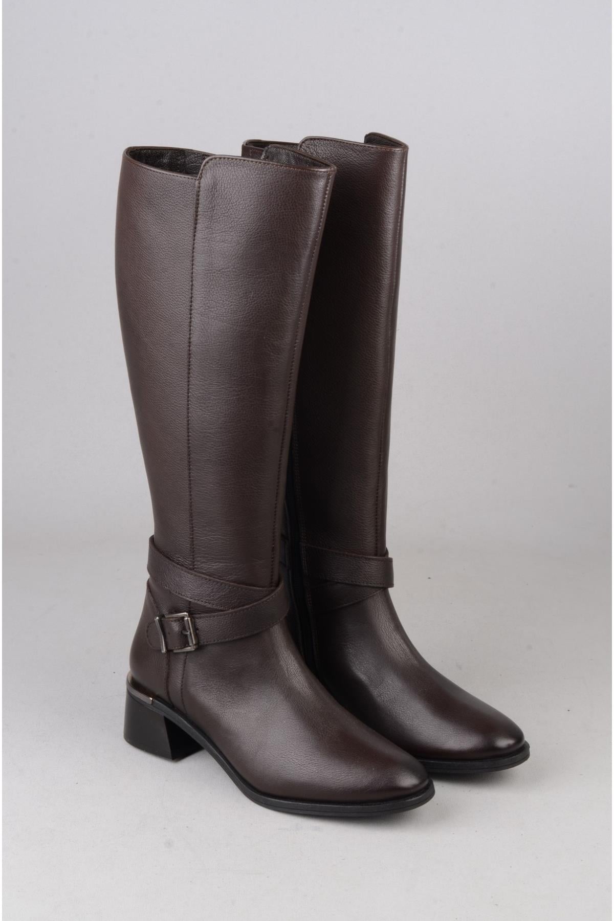 SEÇ 97900-1 HAKİKİ DERİ TOPUKLU KADIN ÇİZME (Topuk Boyu:4 cm) KAHVE
