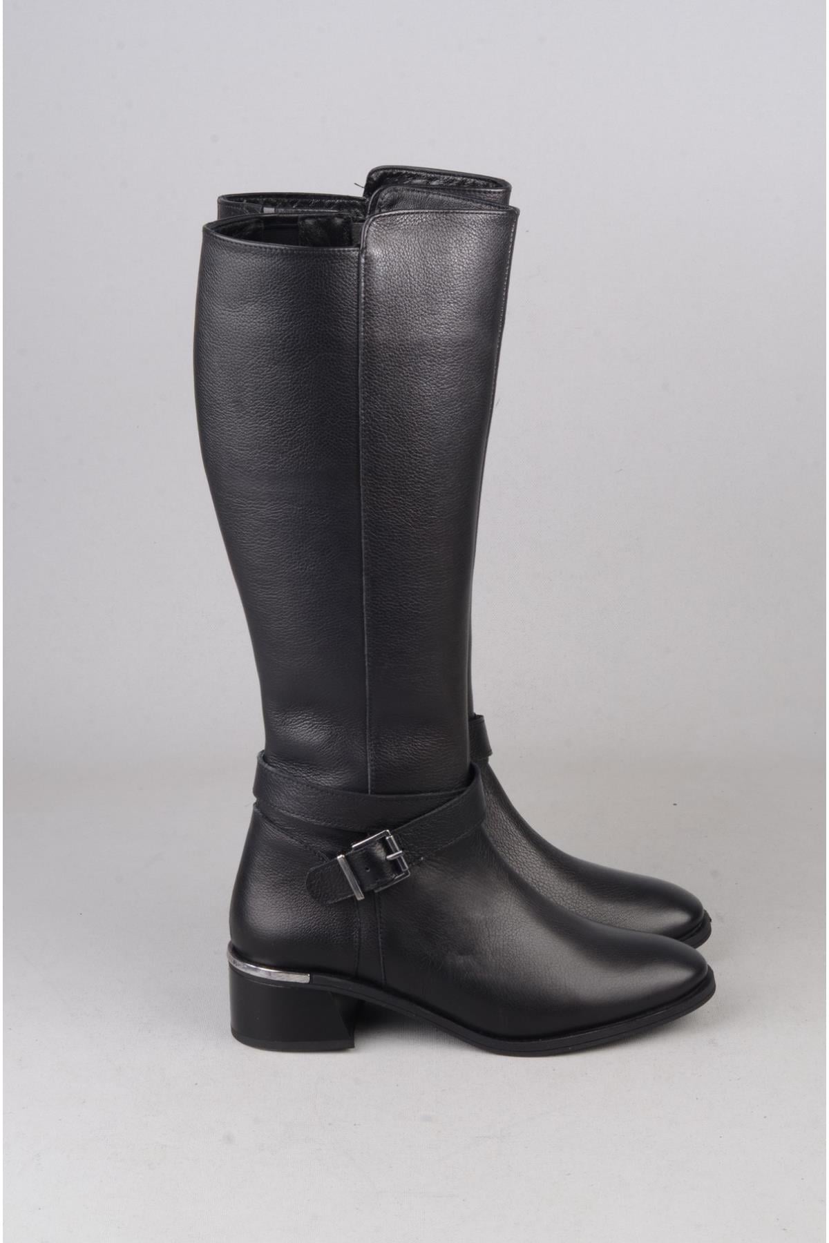 SEÇ 97900-1 HAKİKİ DERİ TOPUKLU KADIN ÇİZME (Topuk Boyu:4 cm) SİYAH
