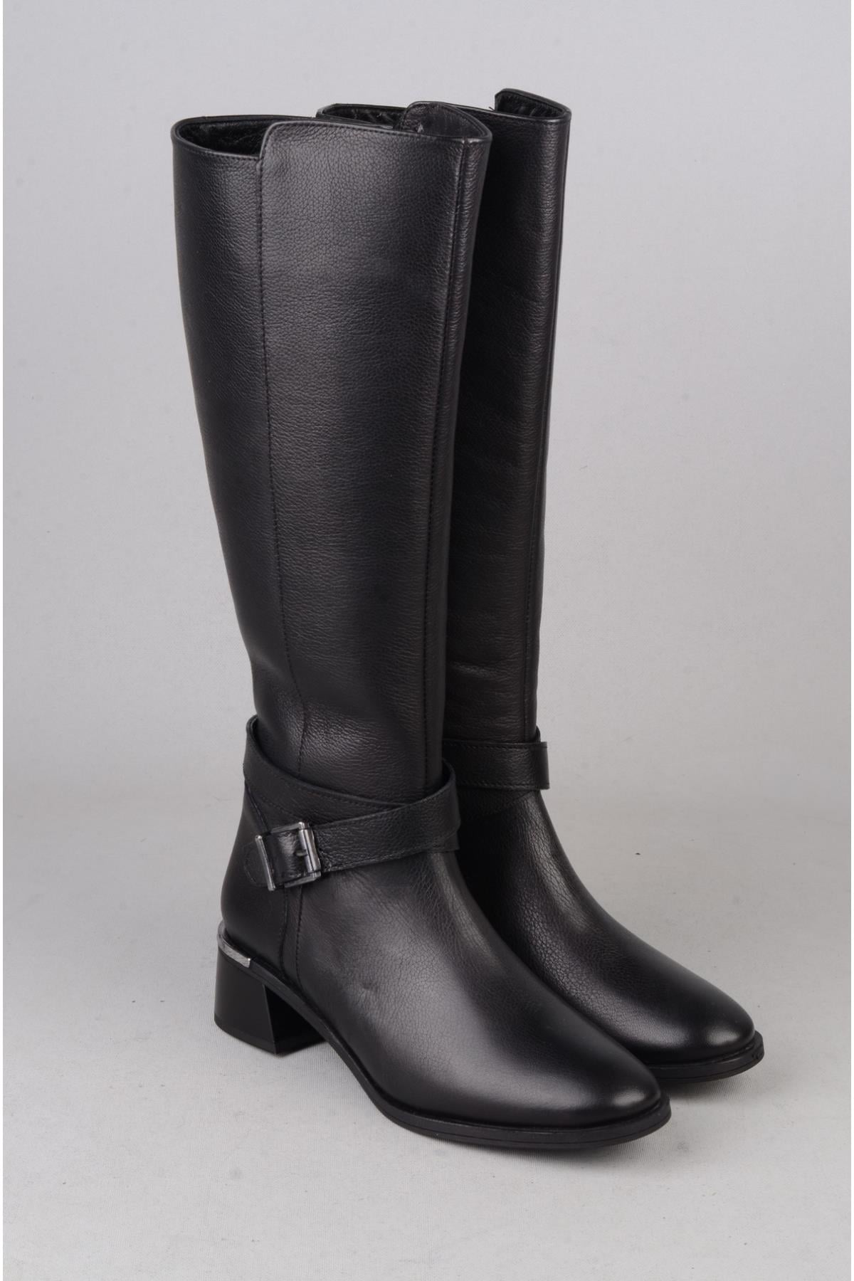 SEÇ 97900-1 HAKİKİ DERİ TOPUKLU KADIN ÇİZME (Topuk Boyu:4 cm) SİYAH