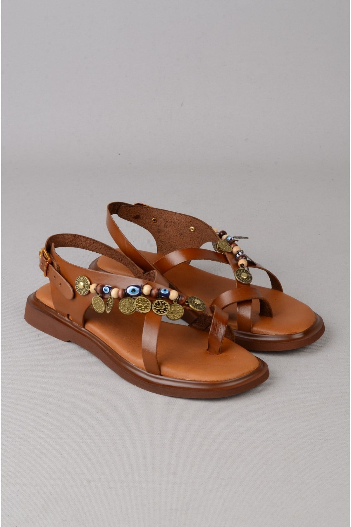 SEÇ C305 HAKİKİ DERİ PARMAK ARASI KADIN SANDALET (Taban:2 cm) TABA
