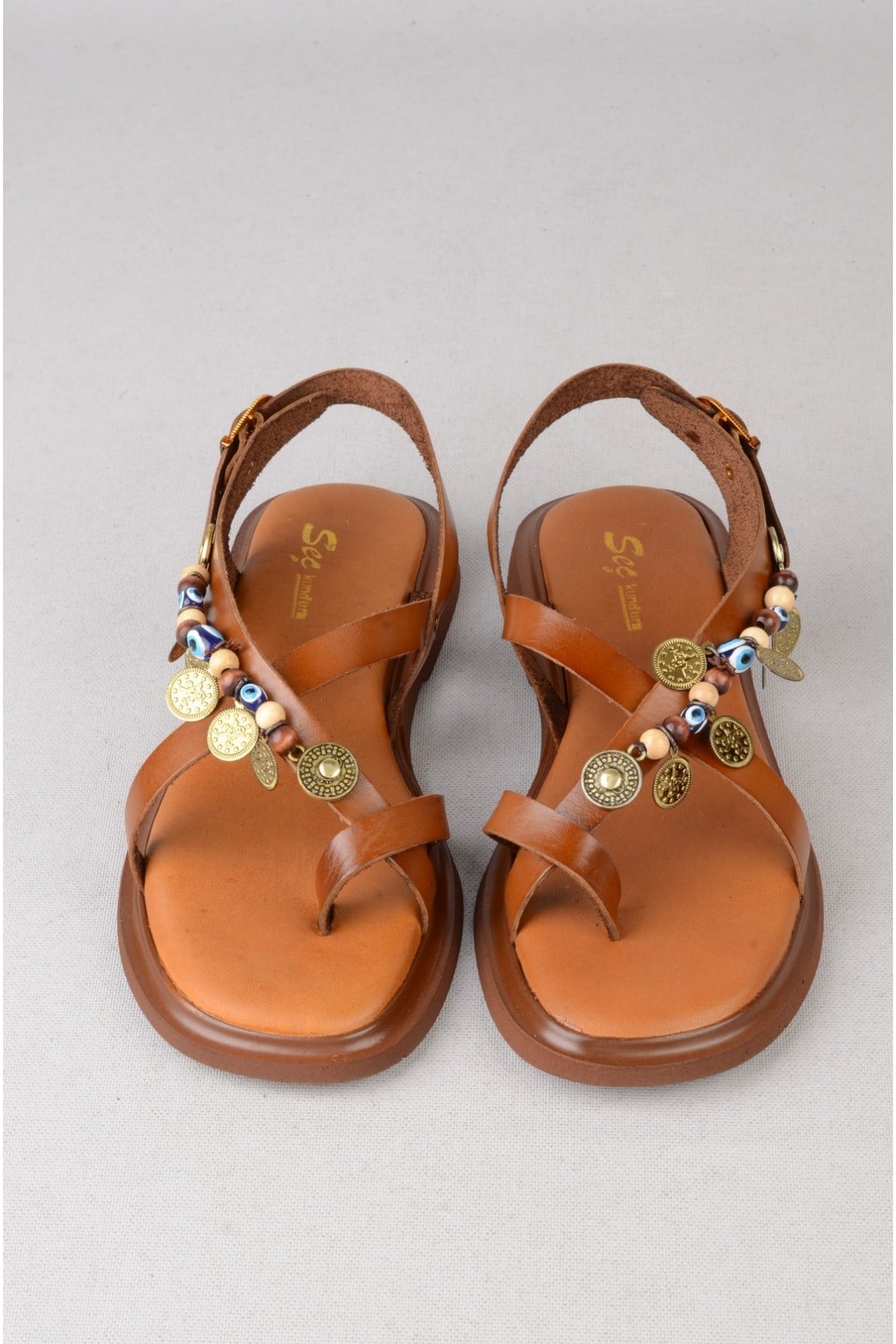 SEÇ C305 HAKİKİ DERİ PARMAK ARASI KADIN SANDALET (Taban:2 cm) TABA
