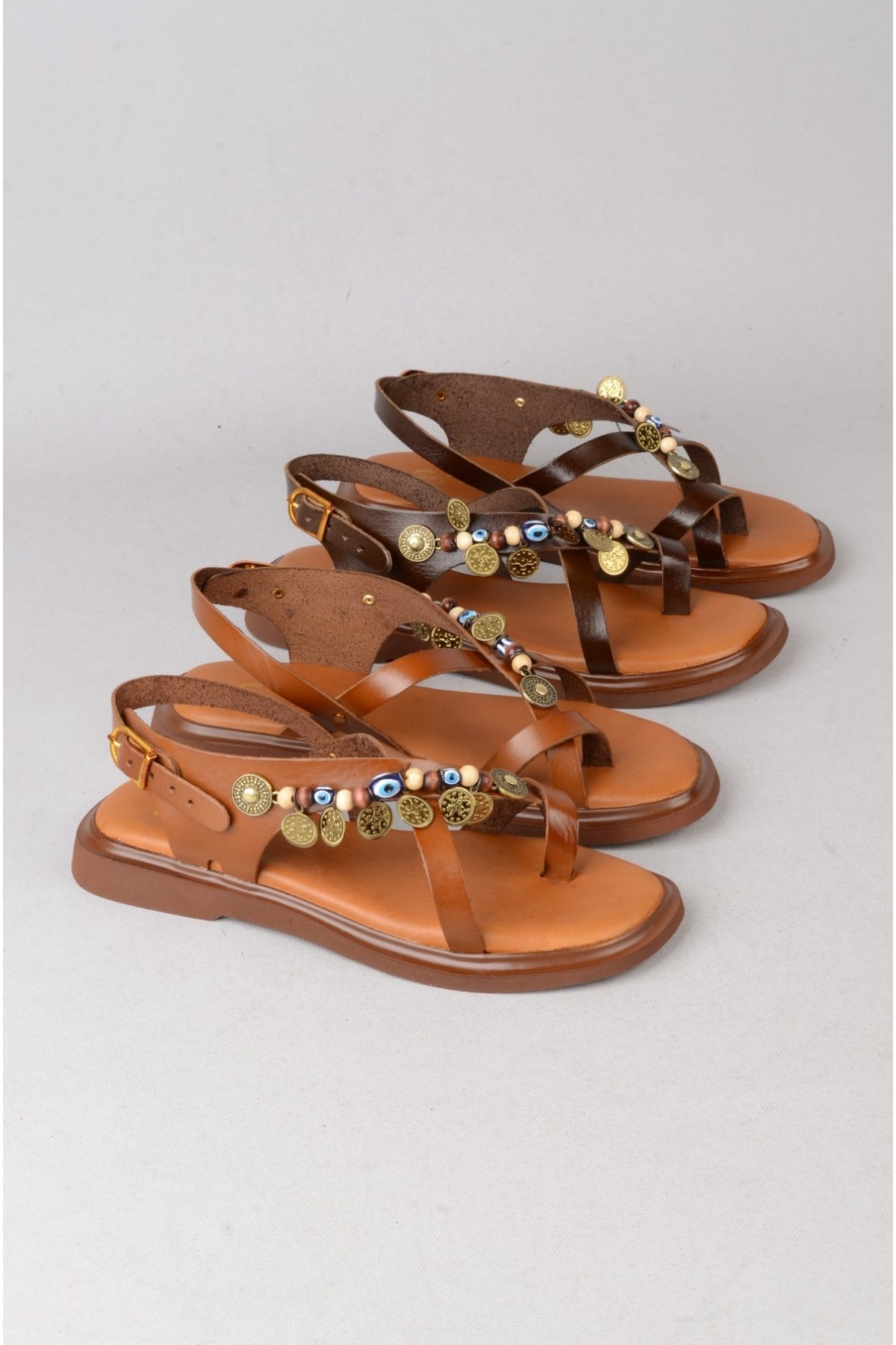 SEÇ C305 HAKİKİ DERİ PARMAK ARASI KADIN SANDALET (Taban:2 cm) TABA