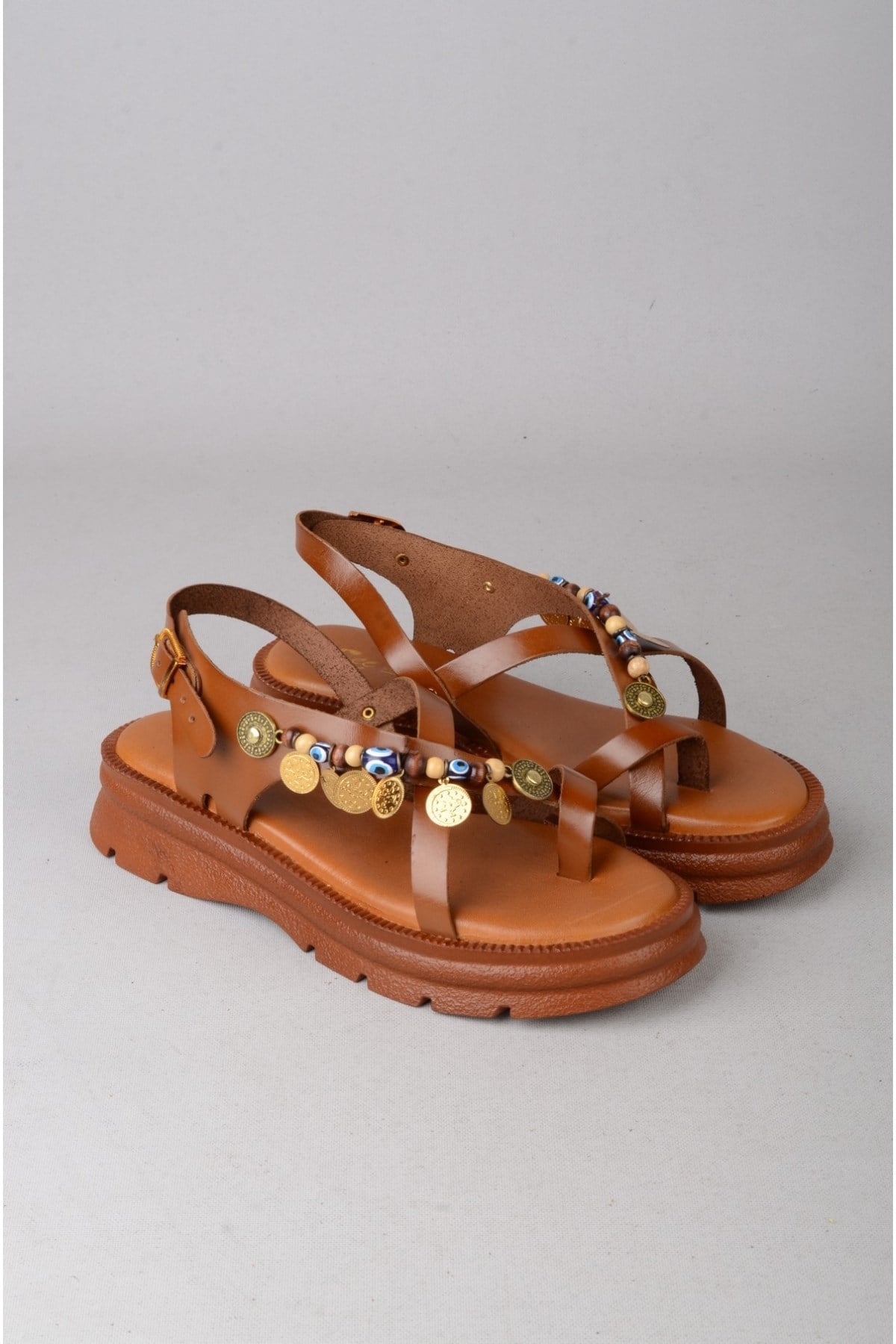 SEÇ C405 HAKİKİ DERİ PARMAK ARASI KADIN SANDALET (Taban:3,5 cm) TABA