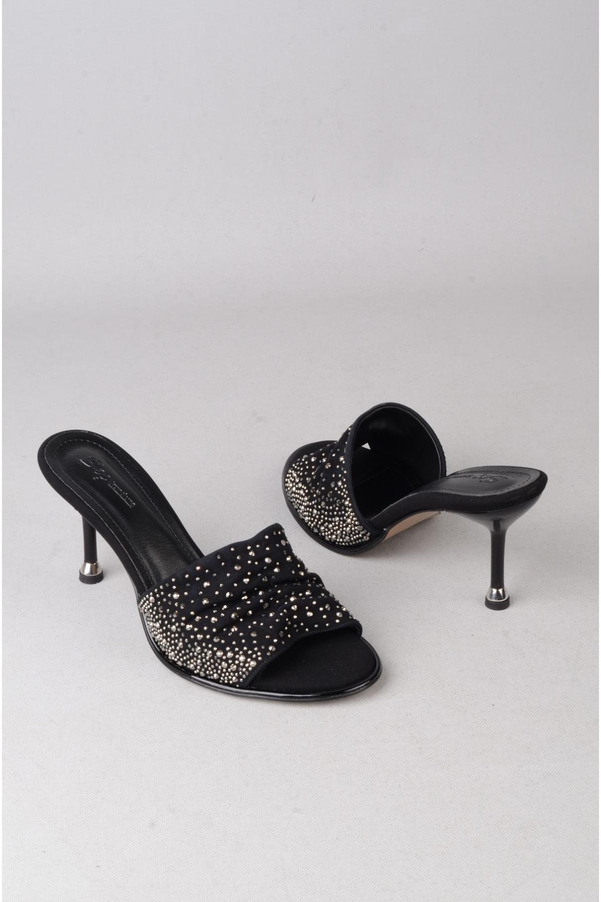SEÇ S65 TAŞLI TOPUKLU KADIN TERLİK (Topuk Boyu: 9cm) SİYAH