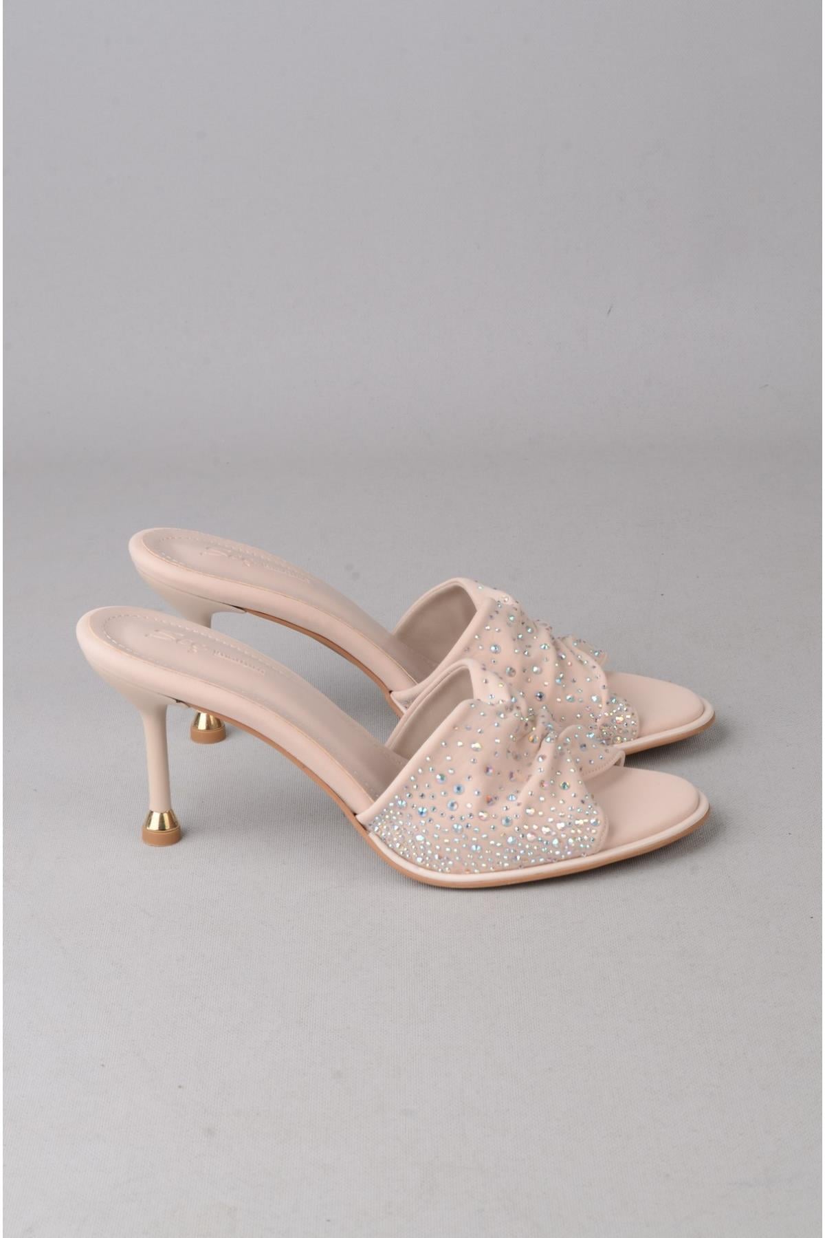 SEÇ S65 TAŞLI TOPUKLU KADIN TERLİK (Topuk Boyu: 9cm) BEJ